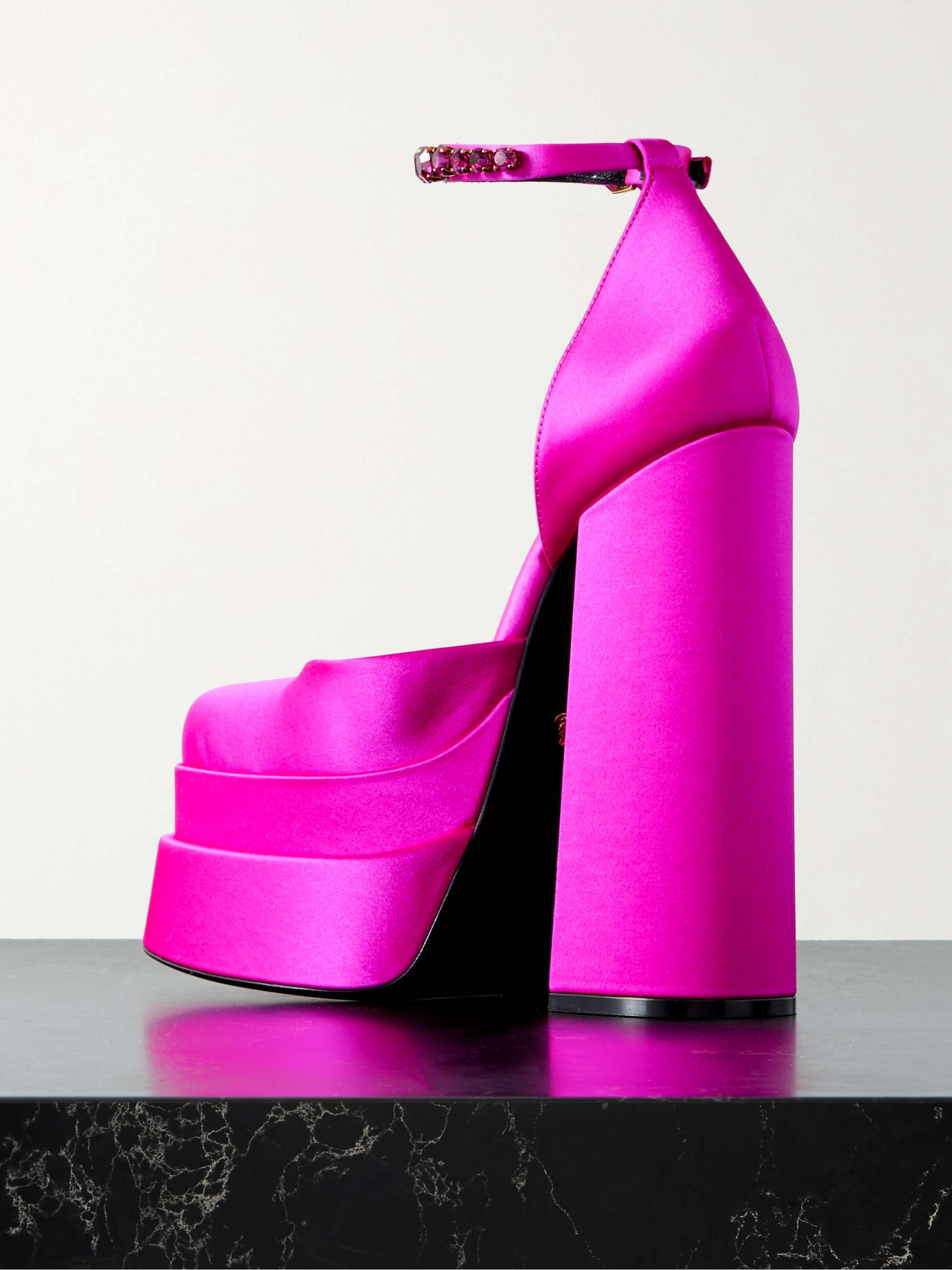 VERSACE Medusa Aevitas embellished metallic leather platform pumps