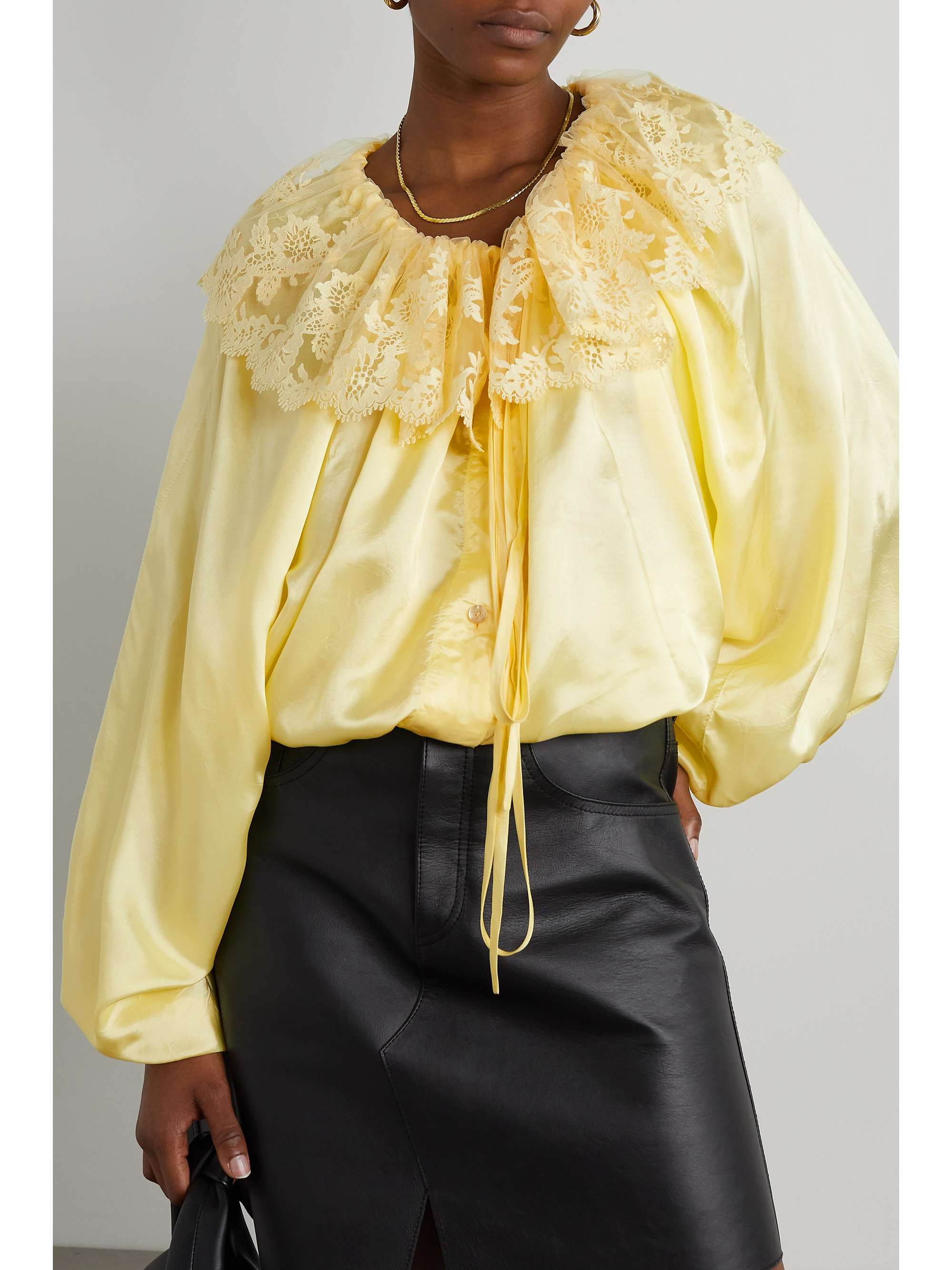 Yellow Tie-front lace-trimmed gathered 