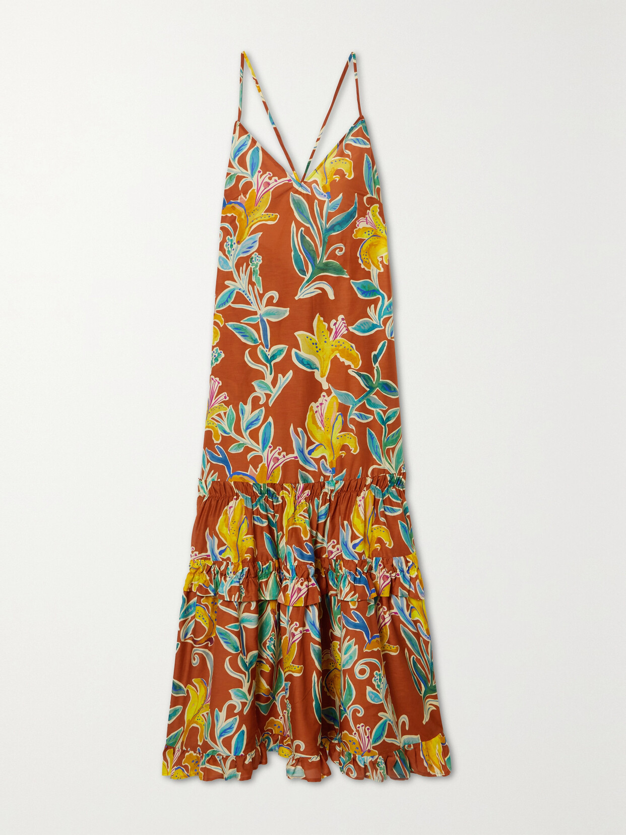 Shop La Doublej Radiosa Tiered Floral-print Cotton And Silk-blend Voile Maxi Dress In Orange