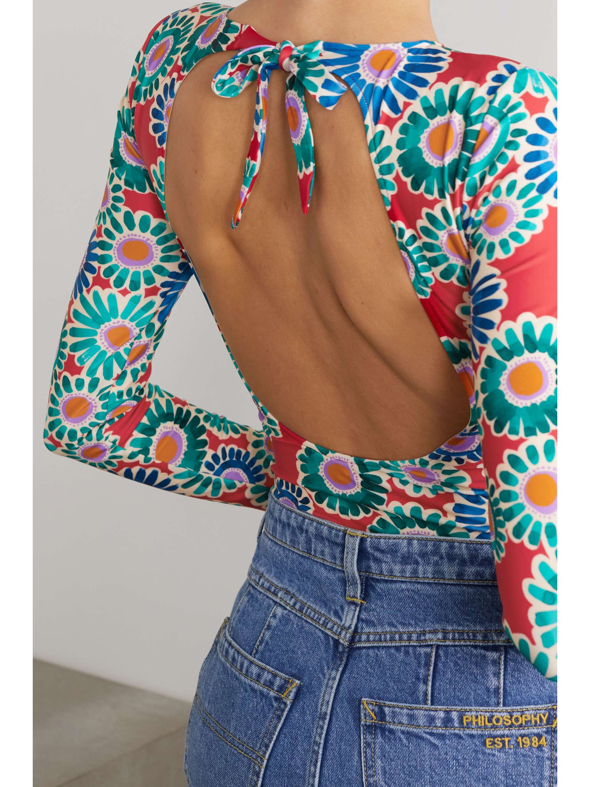 LA DOUBLEJ Open-back floral-print stretch-jersey bodysuit