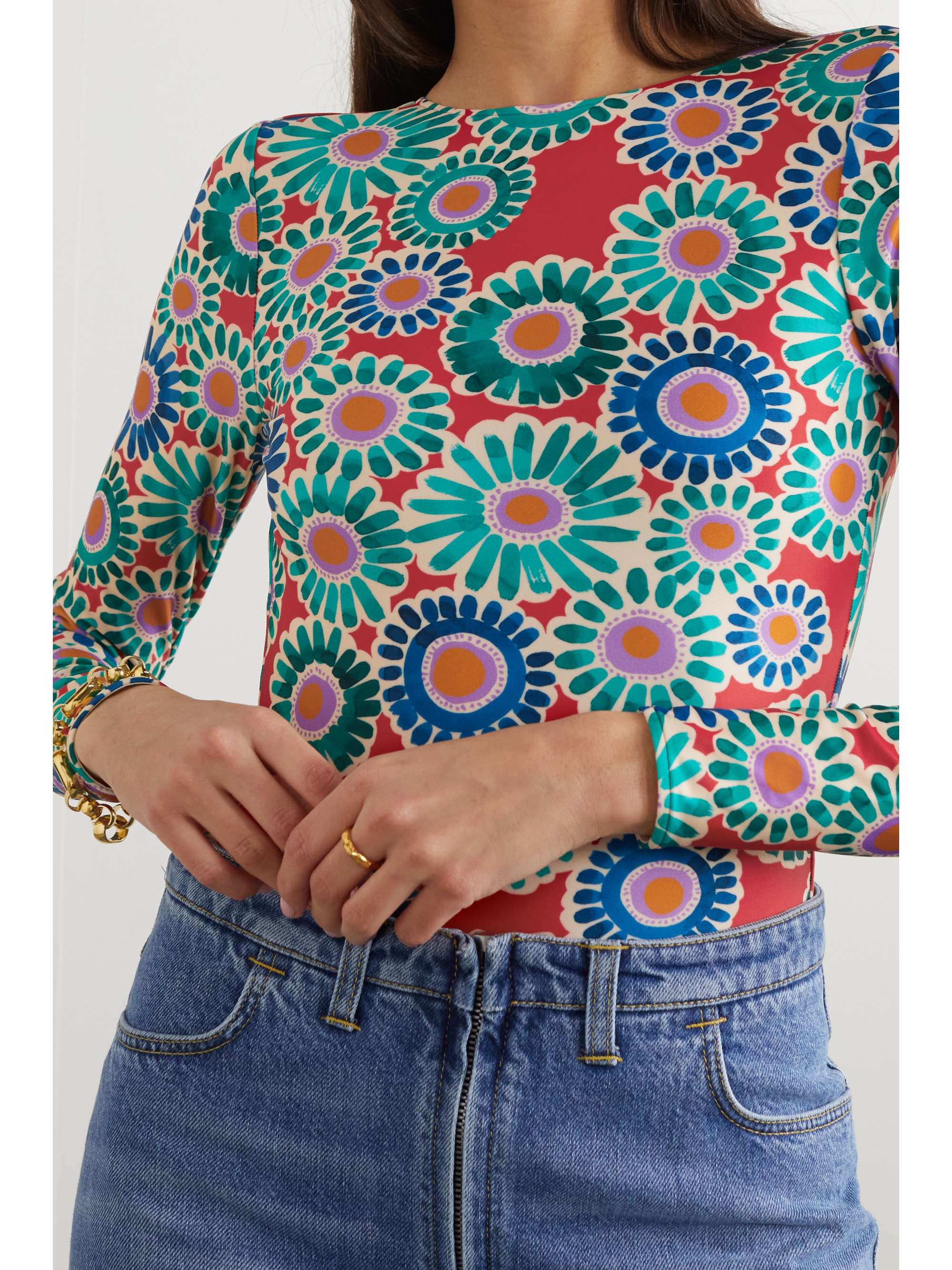 LA DOUBLEJ Open-back floral-print stretch-jersey bodysuit