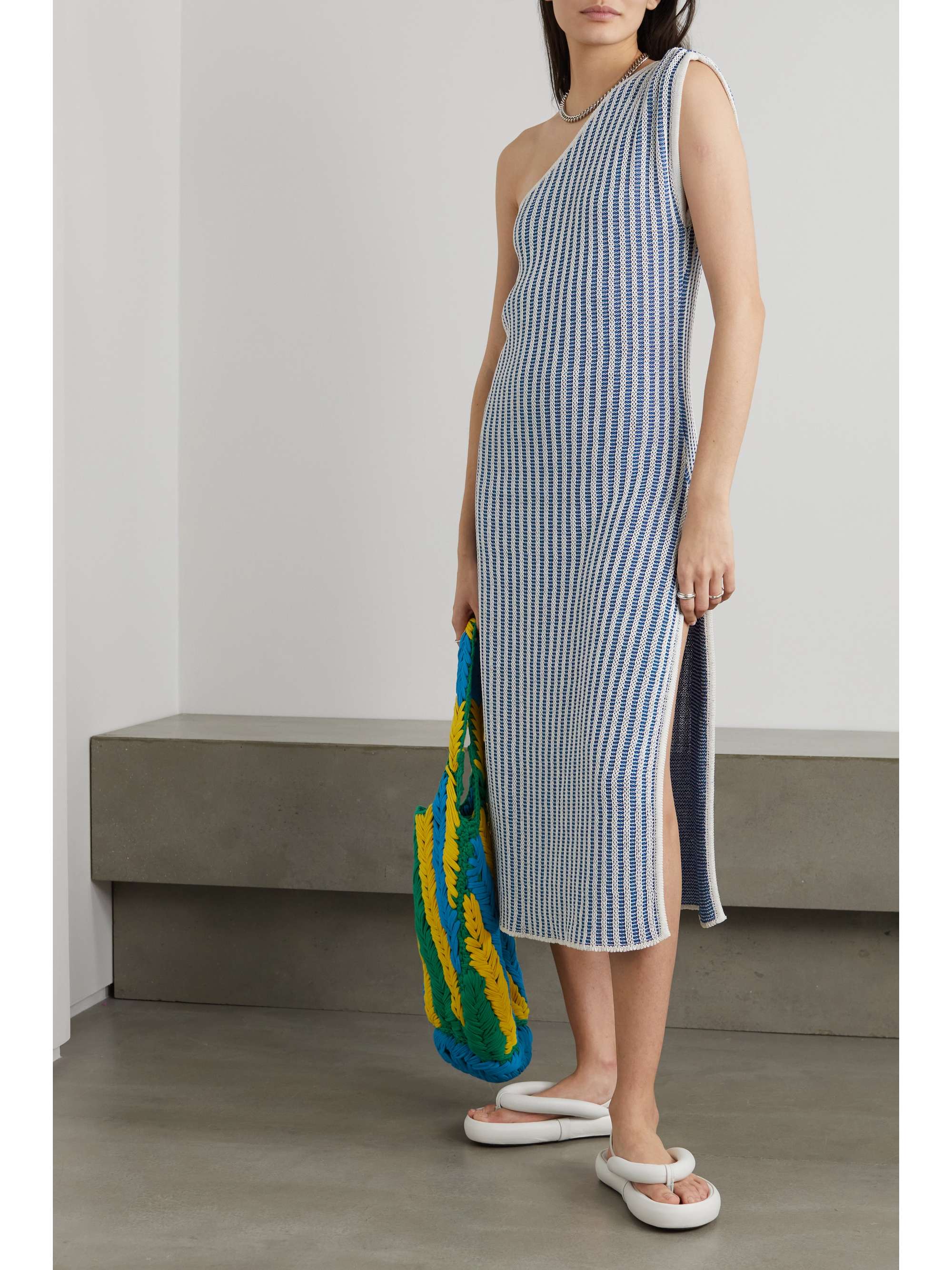 LA DOUBLEJ One-shoulder crochet-knit cotton-blend midi dress