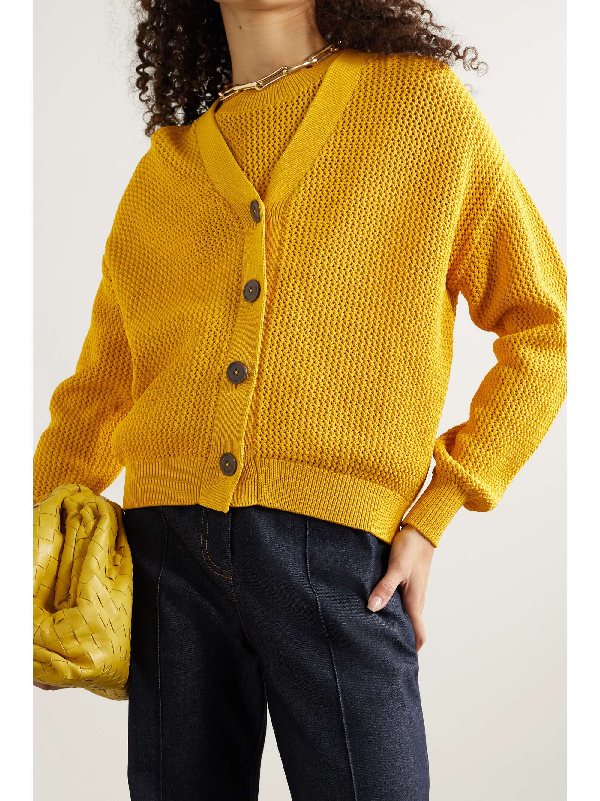 Yellow Pointelle-knit cardigan | JASON 