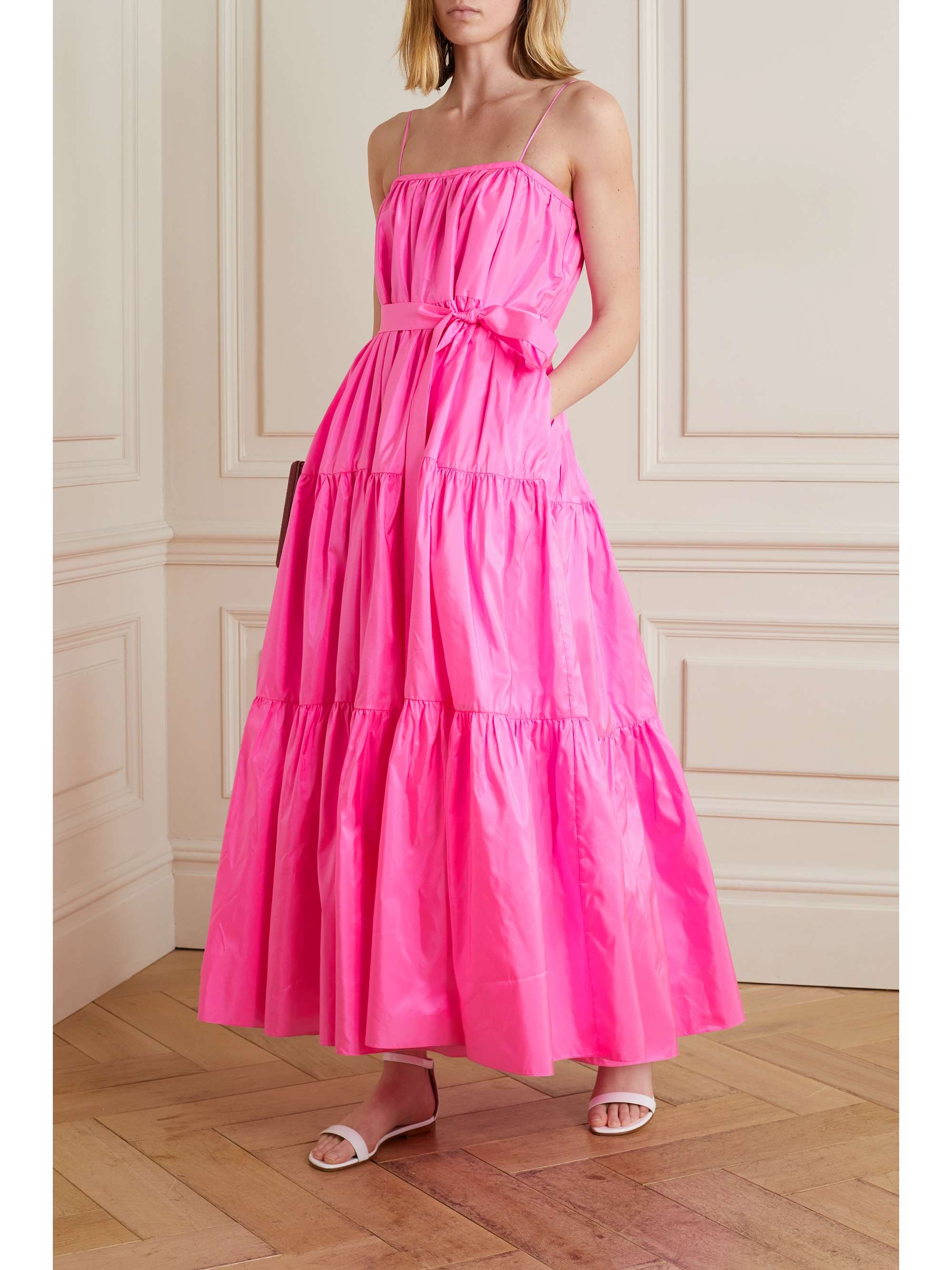 Pink Belted tiered silk-taffeta maxi 