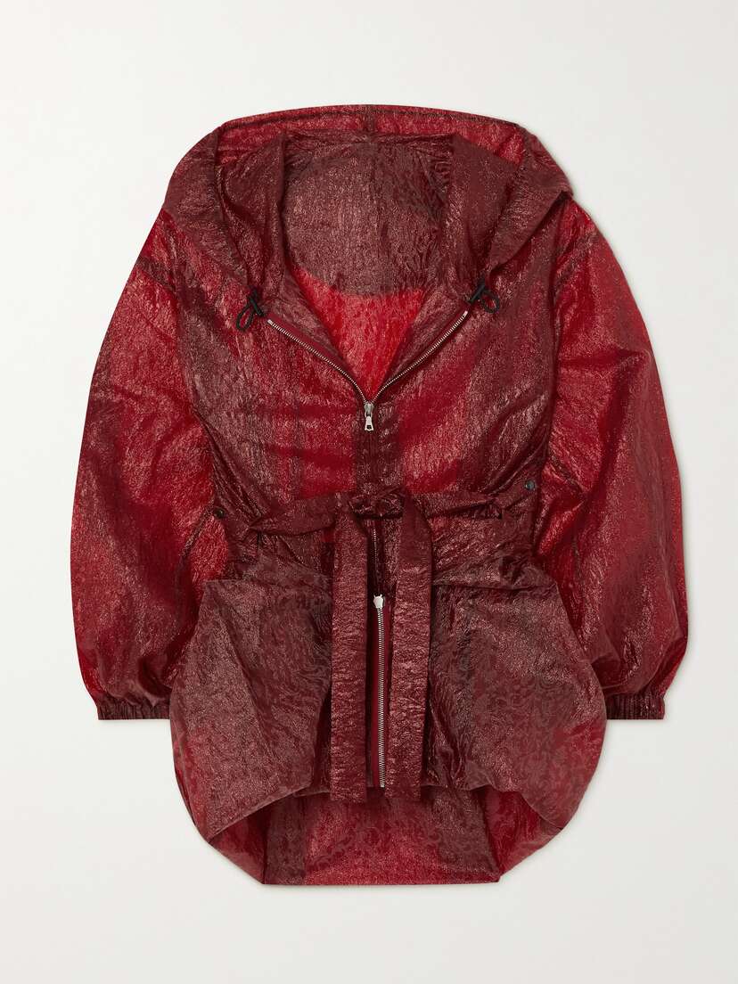 Dries Van Noten Belted Hooded Metallic Crinkled-shell Jacket