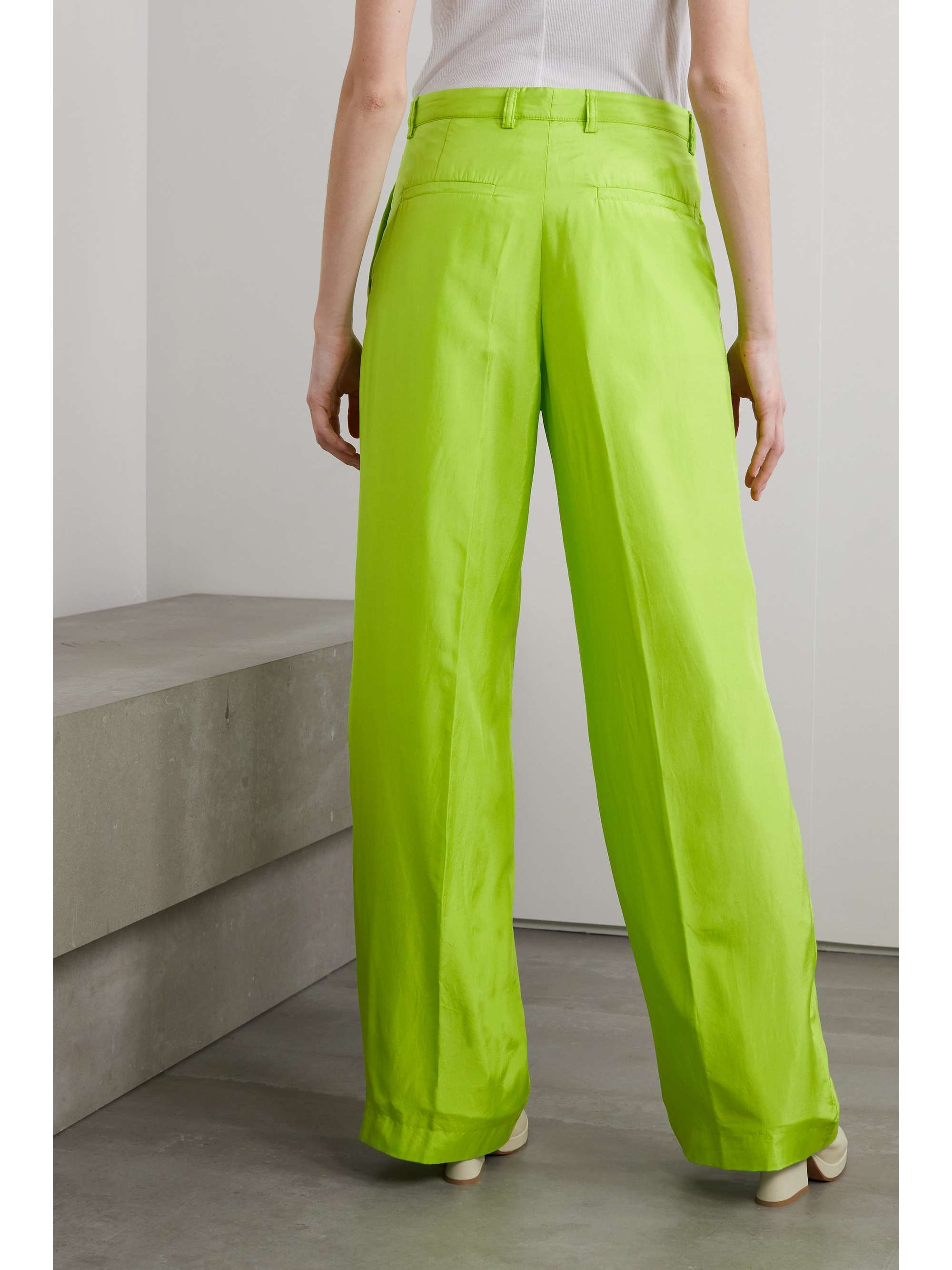 DRIES VAN NOTEN Pleated neon silk and cotton-blend satin wide-leg pants