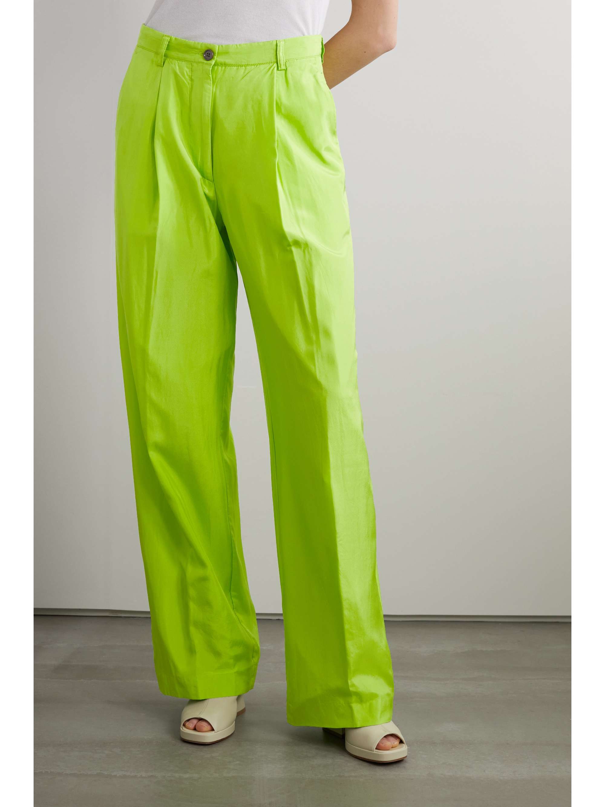 DRIES VAN NOTEN Pleated neon silk and cotton-blend satin wide-leg pants