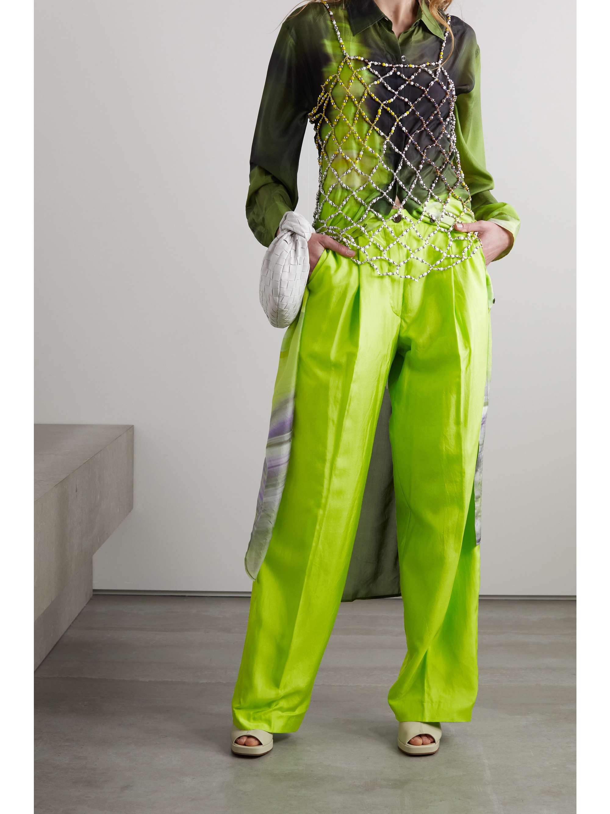 DRIES VAN NOTEN Pleated neon silk and cotton-blend satin wide-leg pants