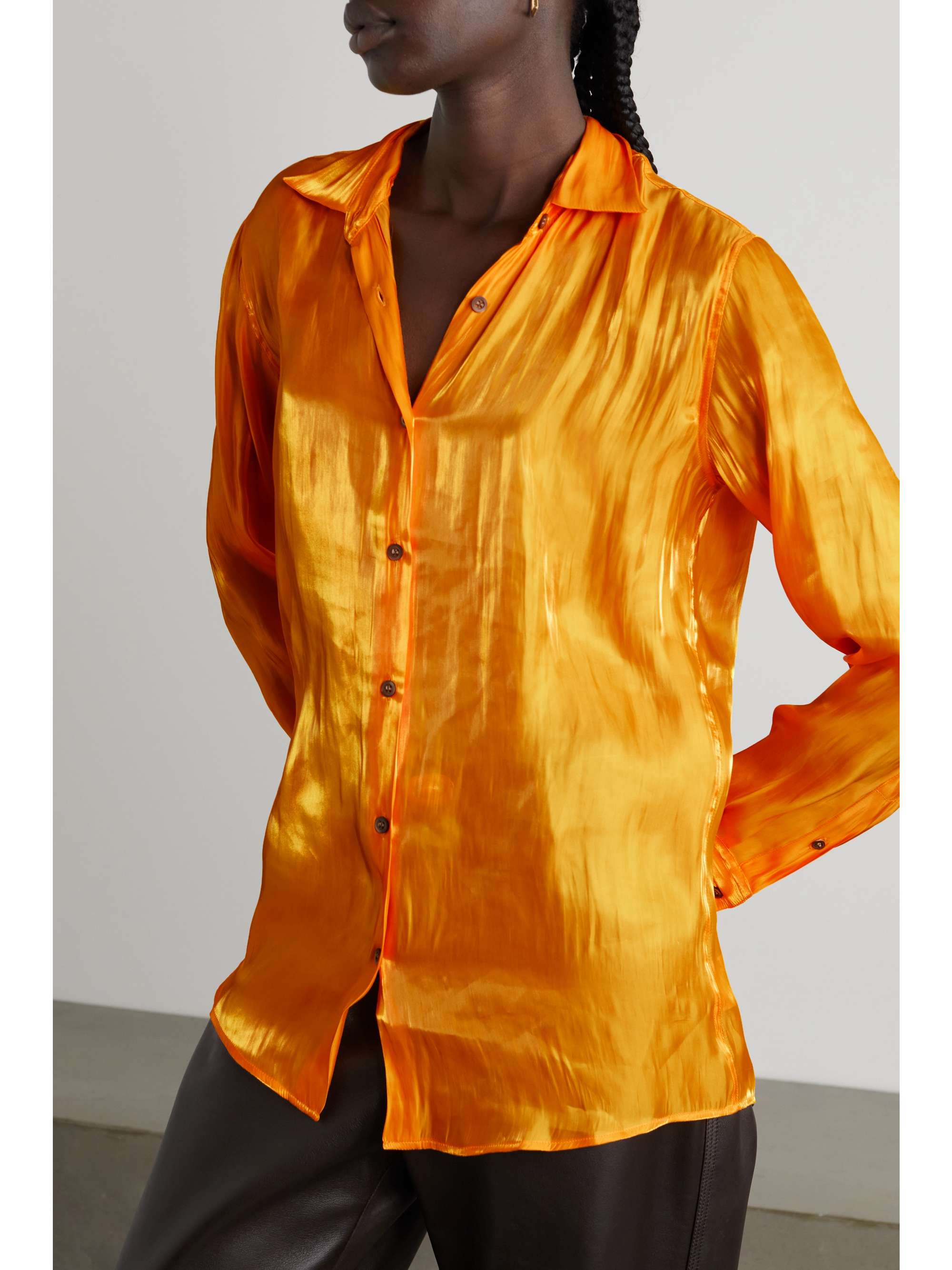 Yellow Metallic crinkled-satin shirt 