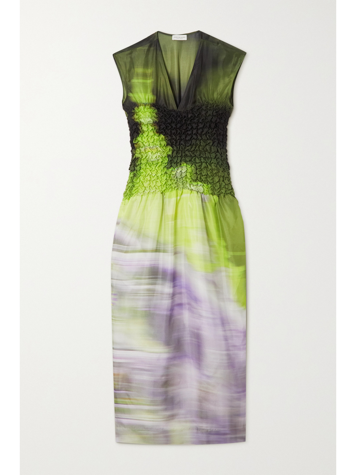 Dries Van Noten - Shirred Printed Silk-satin Midi Dress - Bright green 22 Awaiting product image