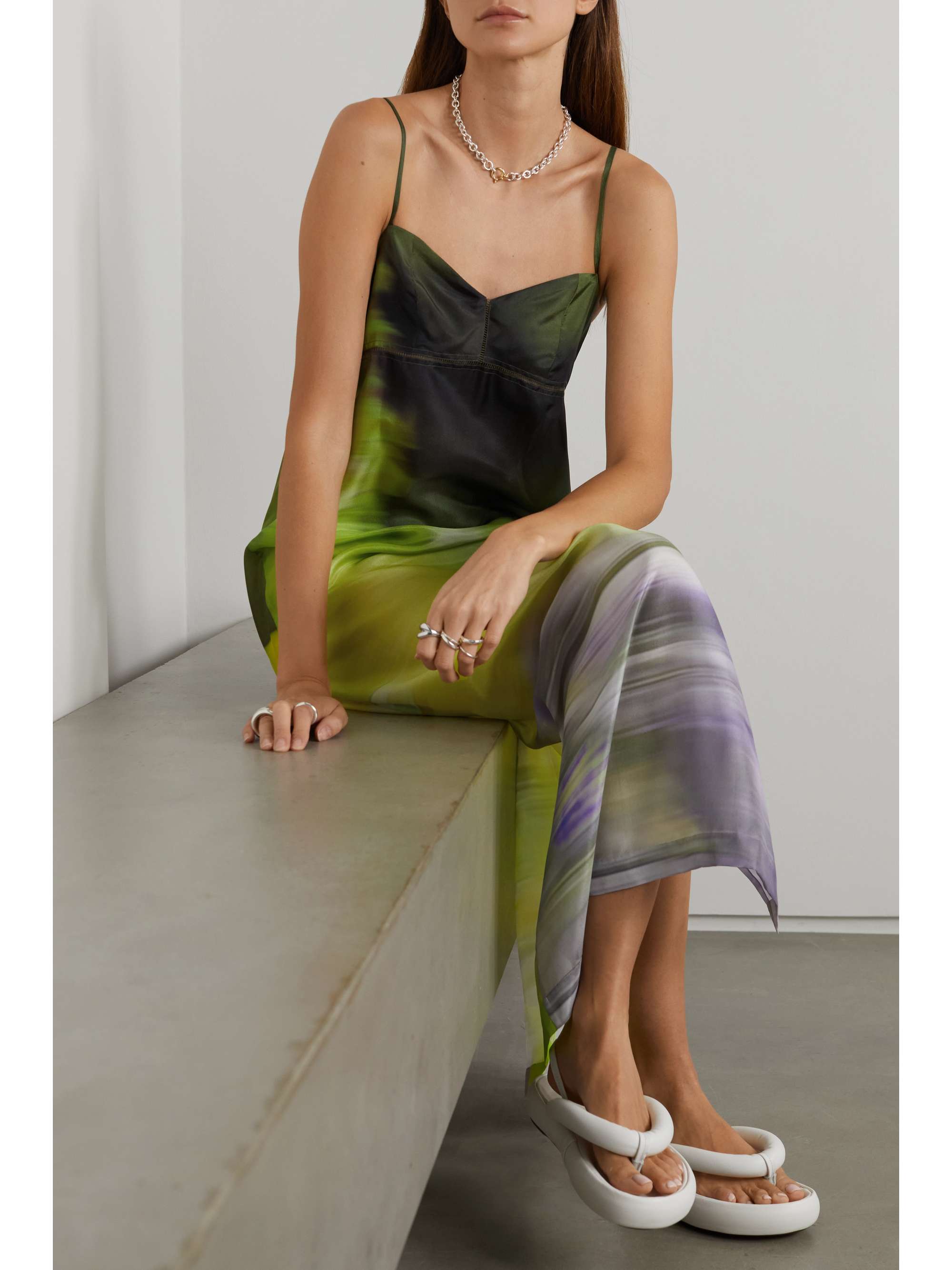 Bright green Pointelle-trimmed printed 