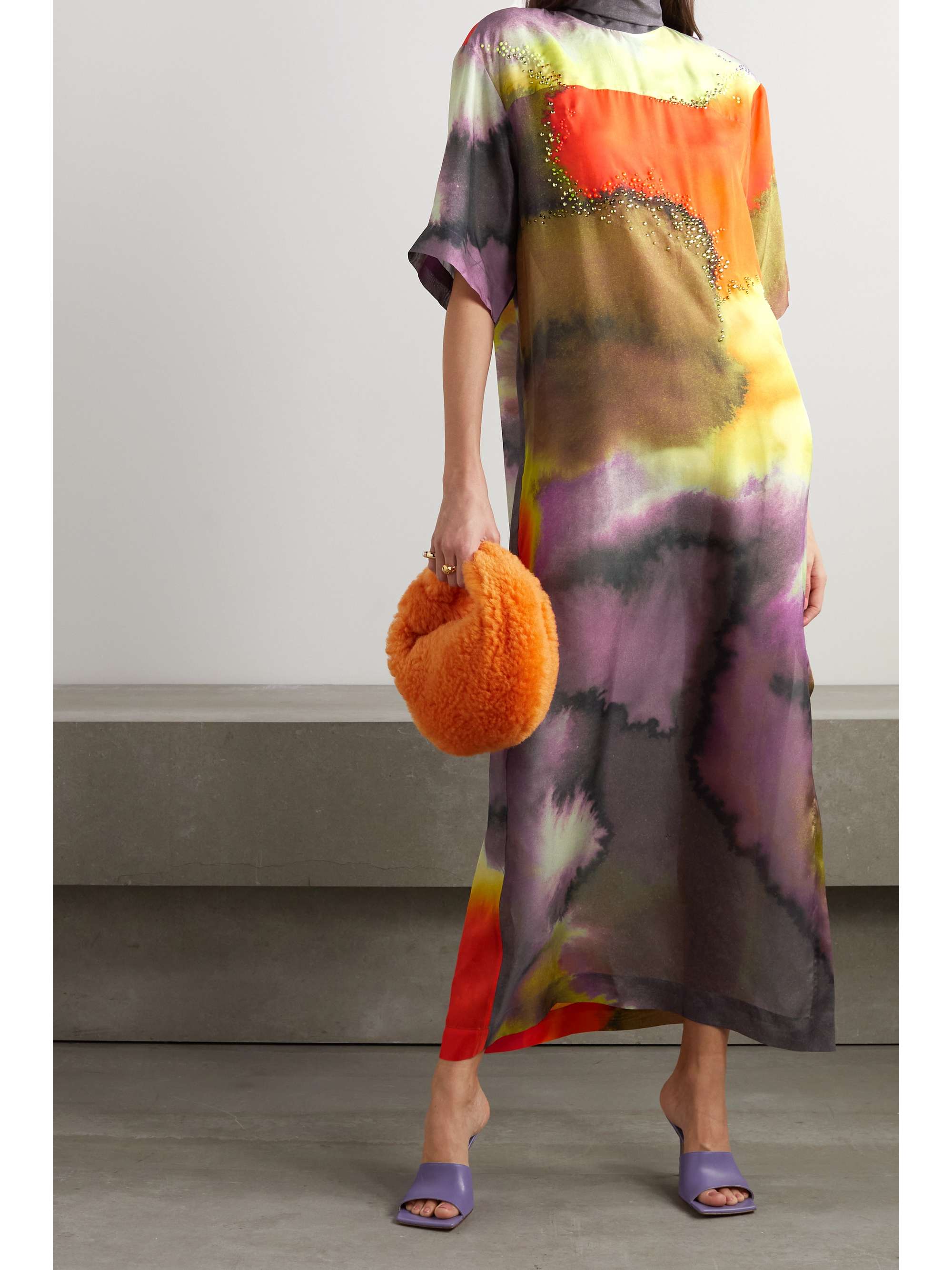 Orange Tie-detailed beaded printed silk 