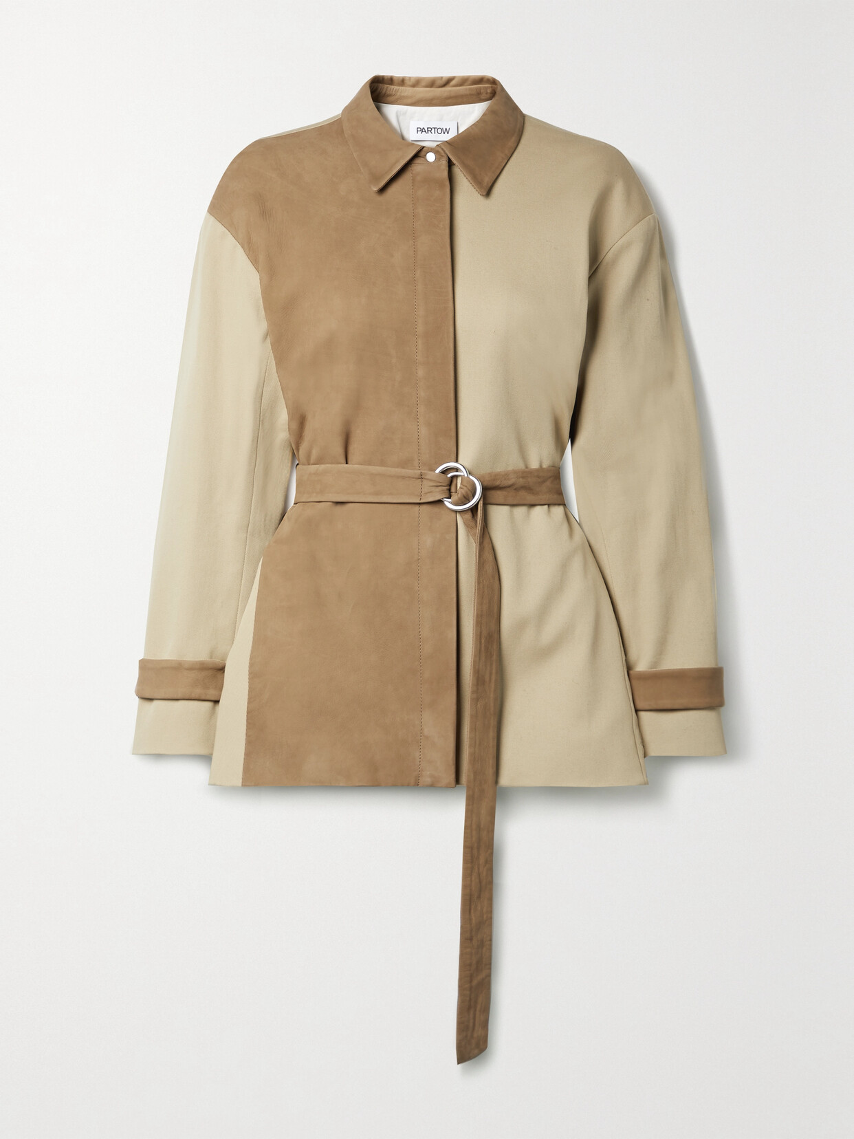 Partow Brahm Belted Paneled Nubuck And Cotton-twill Jacket In Brown