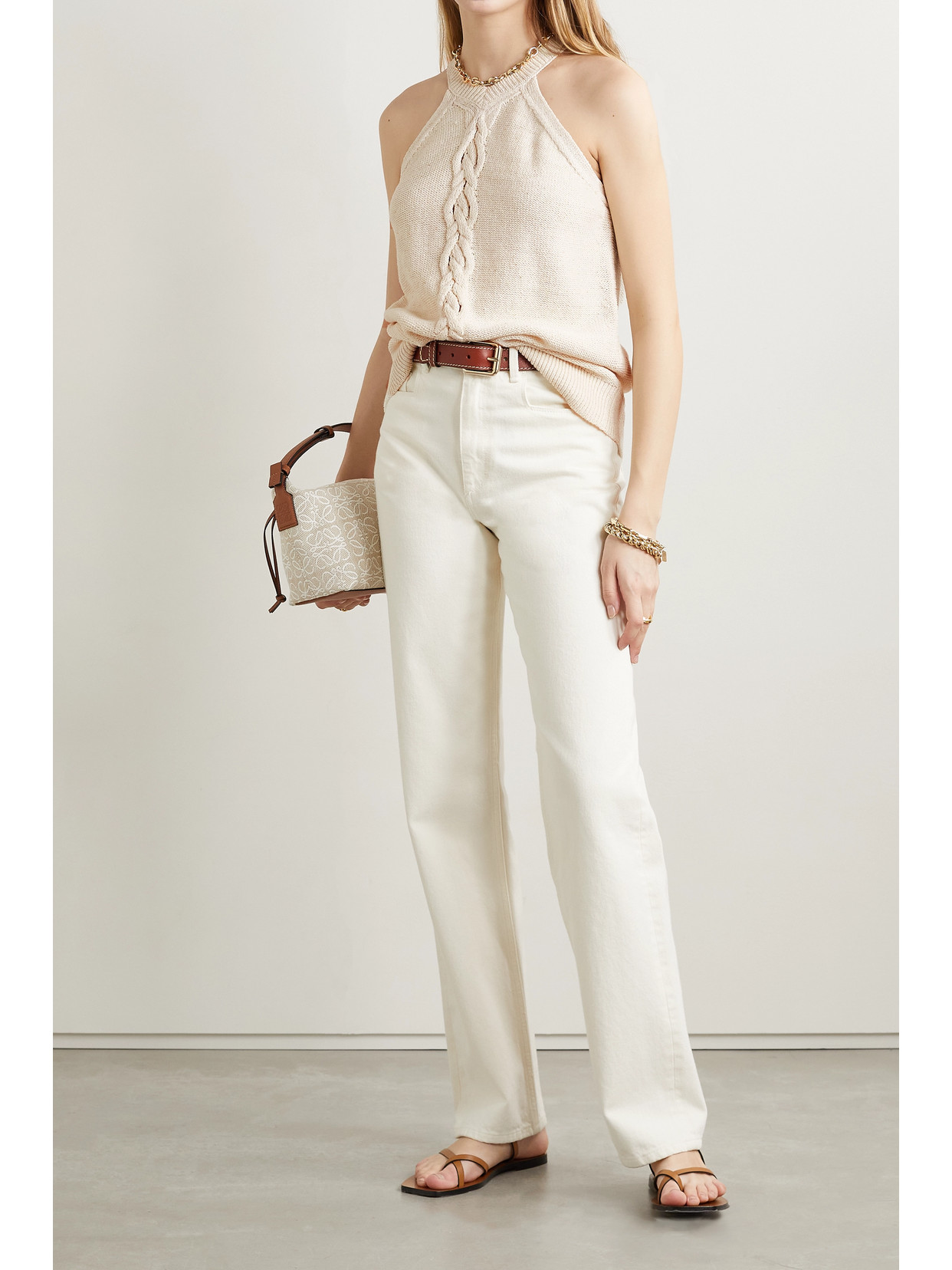 Sequin-Embellished Cable-Knit Linen-Blend Tank - Off