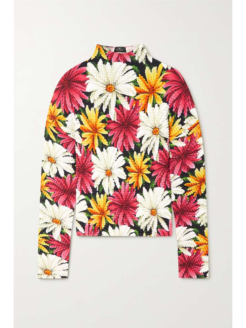 Etro Floral-print Seersucker Turtleneck Top