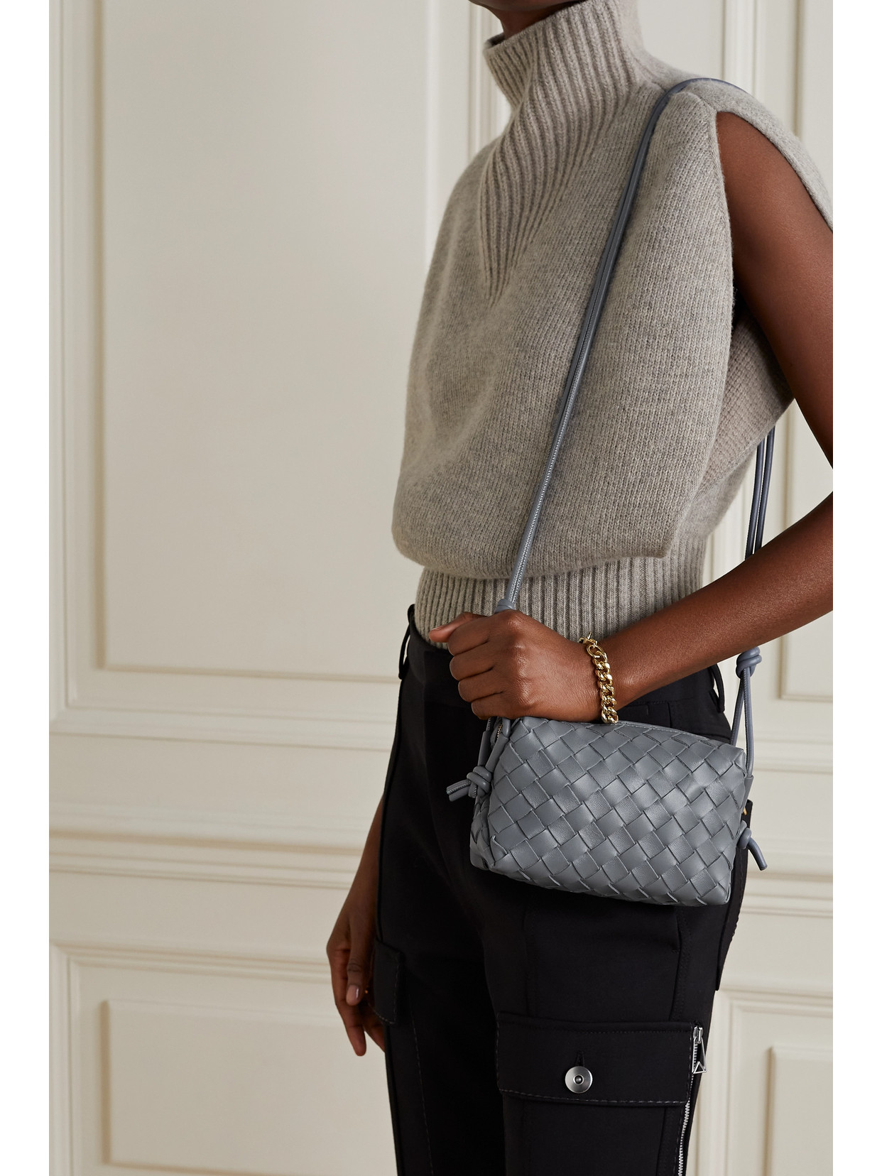 Shop Bottega Veneta Loop Mini Intrecciato Leather Shoulder Bag In Gray