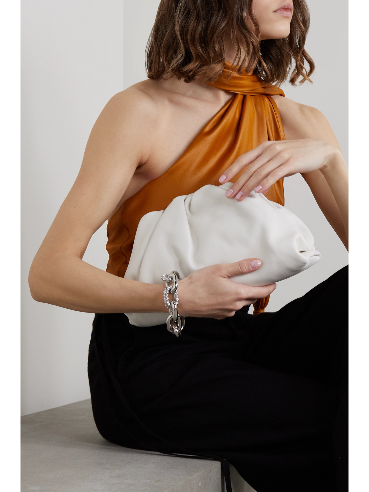 Shop Bottega Veneta The Pouch Large Gathered Leather Clutch In White