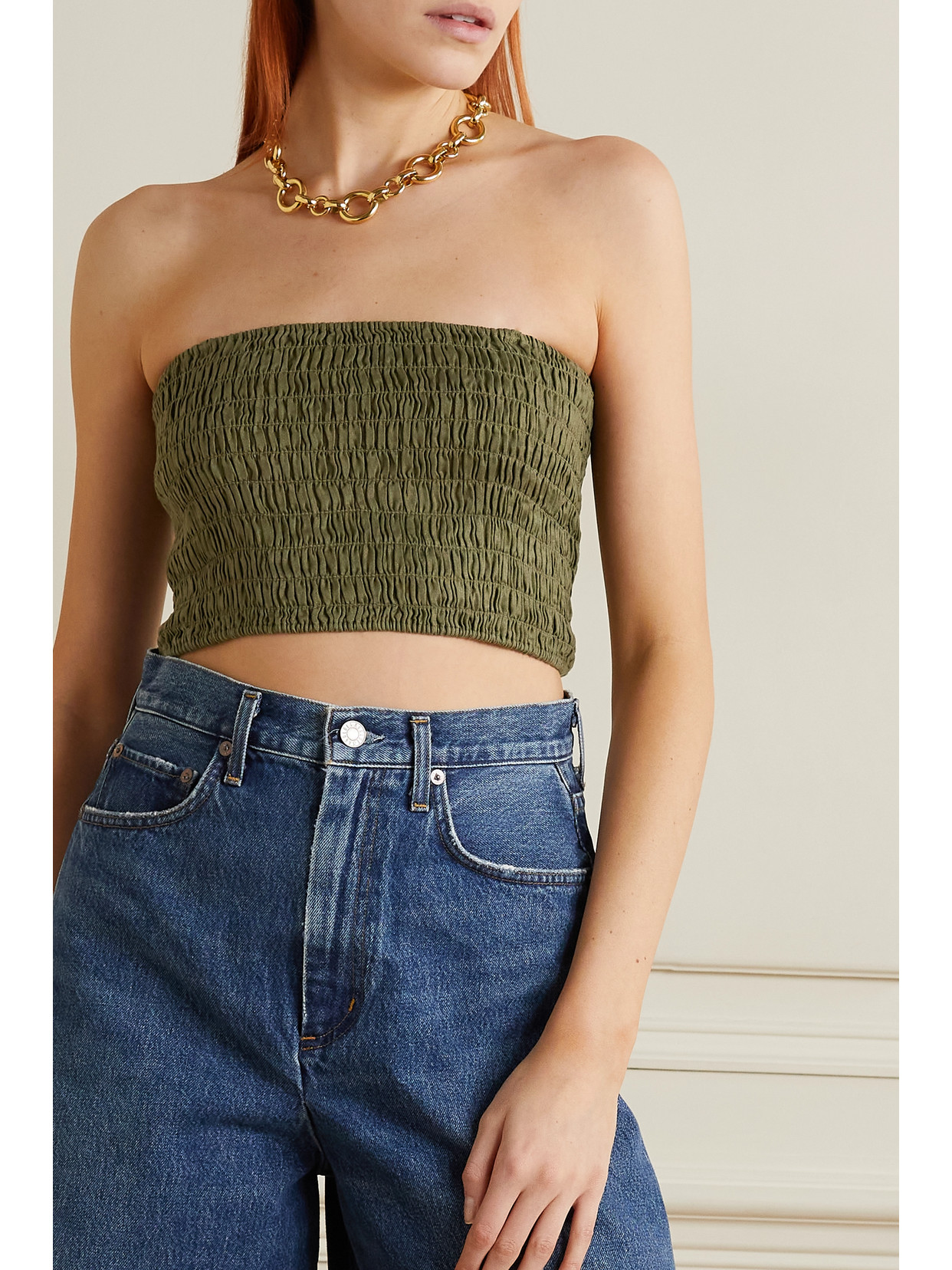 Atm Anthony Thomas Melillo Cropped Smocked Linen Top In Green