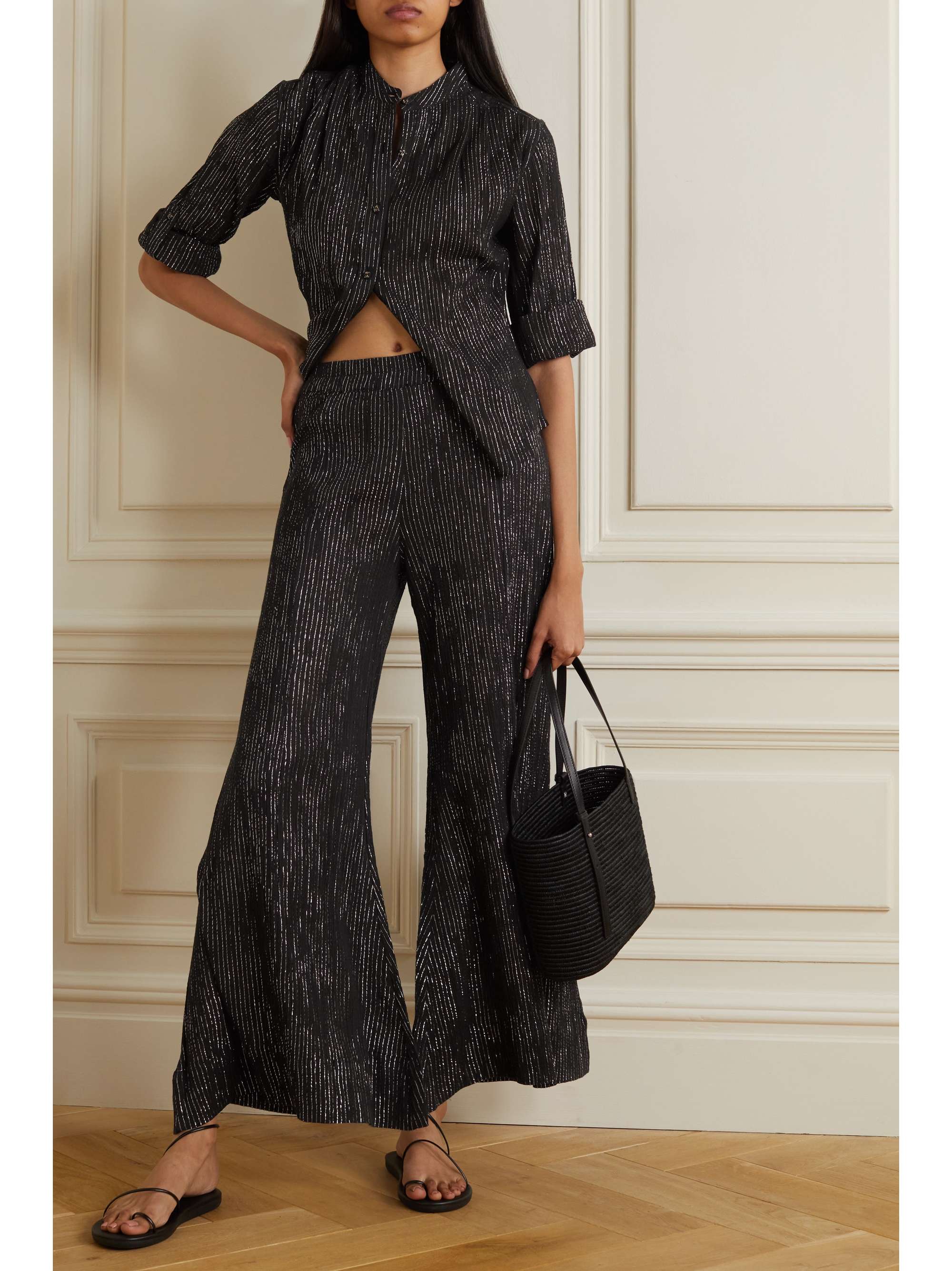 SUZIE KONDI Elira striped metallic cottonblend gauze wideleg pants