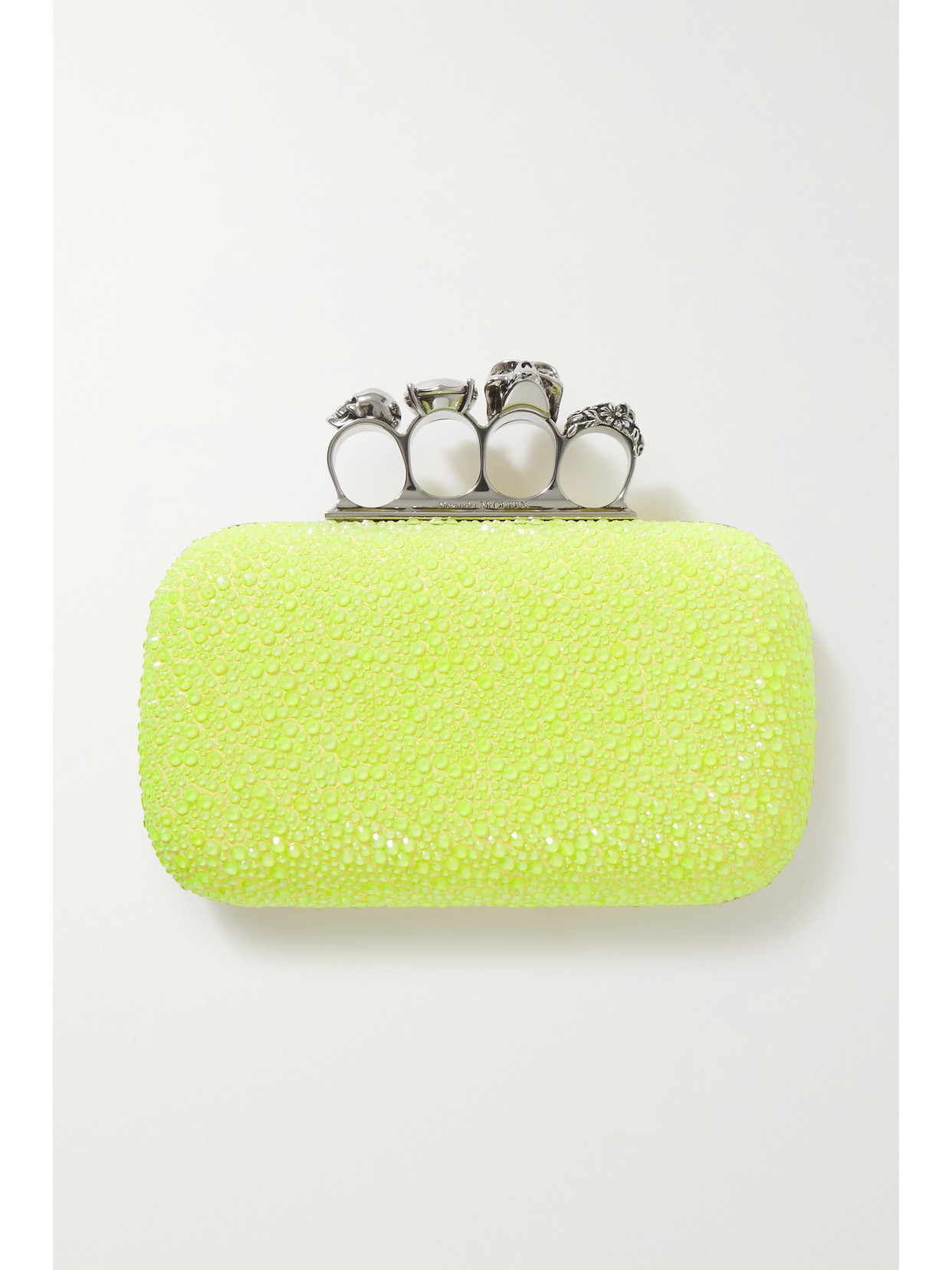 ALEXANDER MCQUEEN FOUR RING CRYSTAL-EMBELLISHED NEON LEATHER CLUTCH