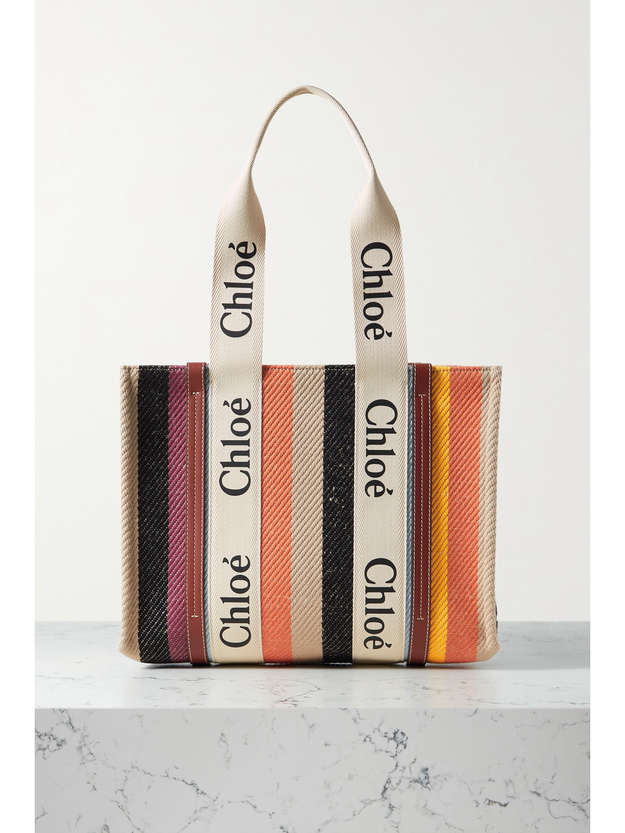 CHLOÉ WOODY MEDIUM LEATHER-TRIMMED CANVAS TOTE
