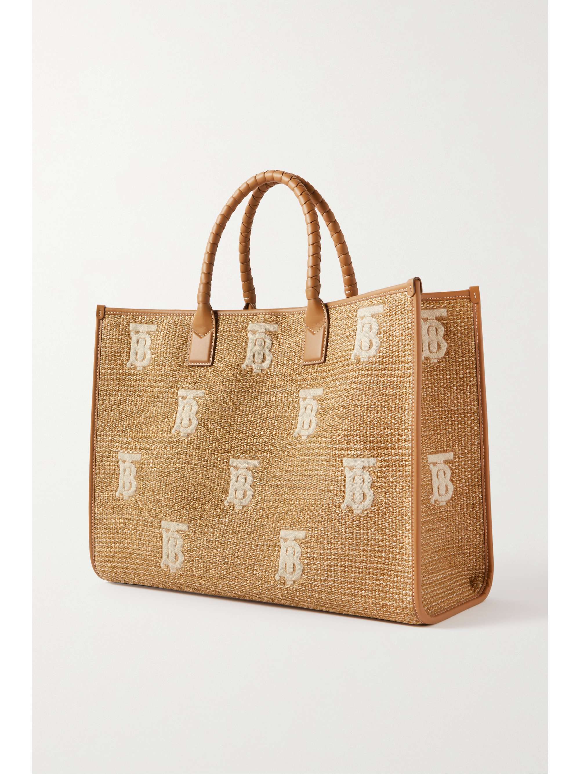 BURBERRY Leather-trimmed raffia tote