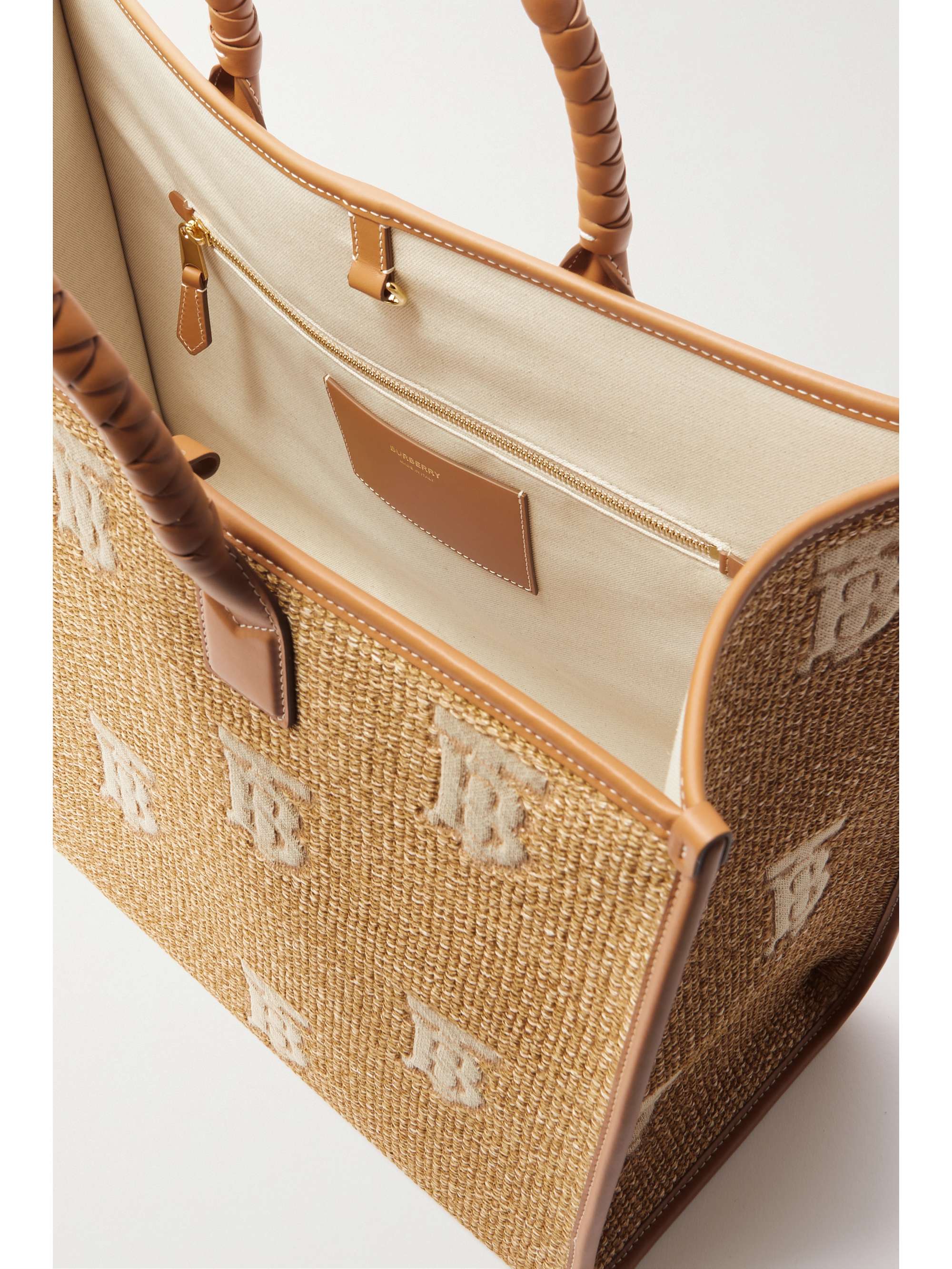 BURBERRY Leather-trimmed raffia tote