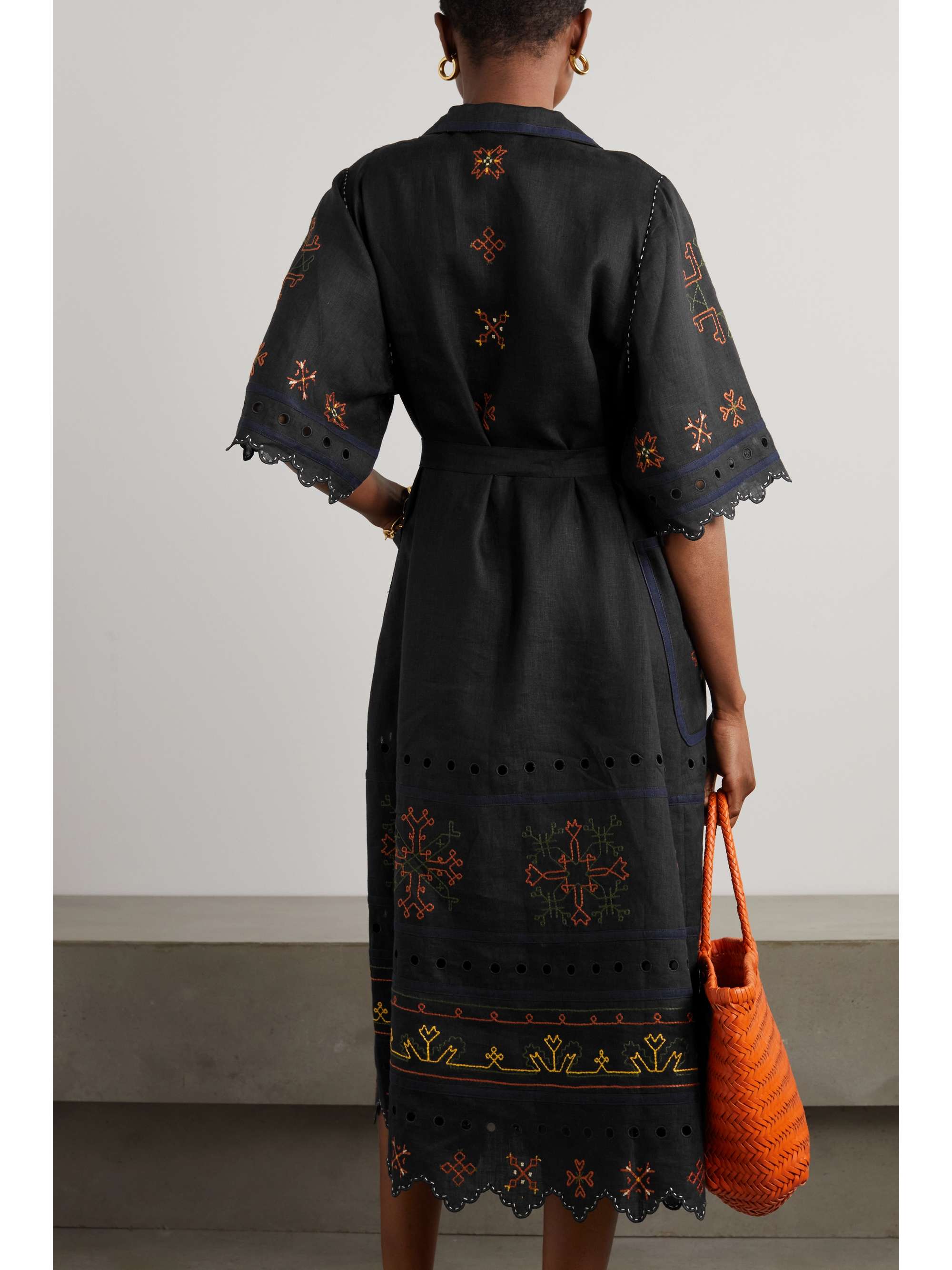 VITA KIN Greta belted embroidered broderie anglaise linen midi dress
