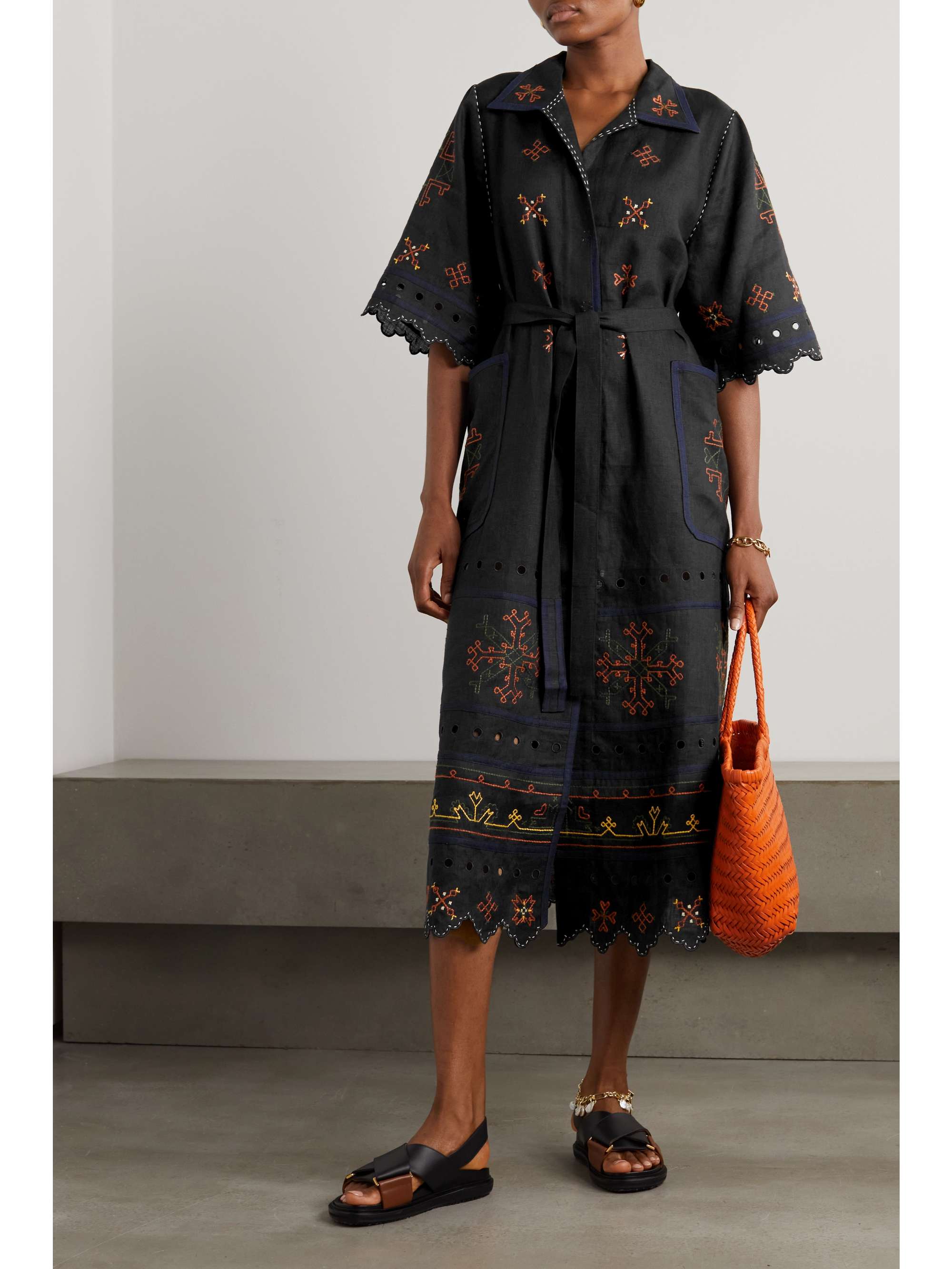 VITA KIN Greta belted embroidered broderie anglaise linen midi dress