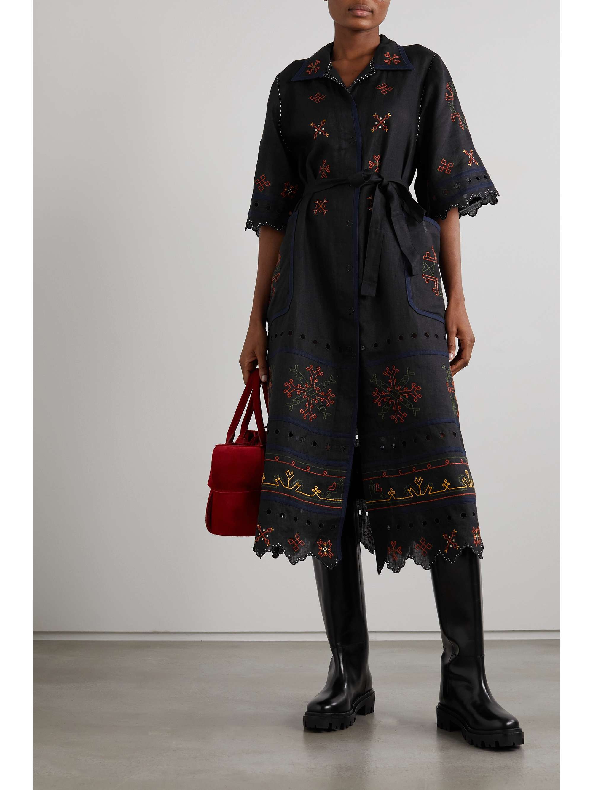 VITA KIN Greta belted embroidered broderie anglaise linen midi dress