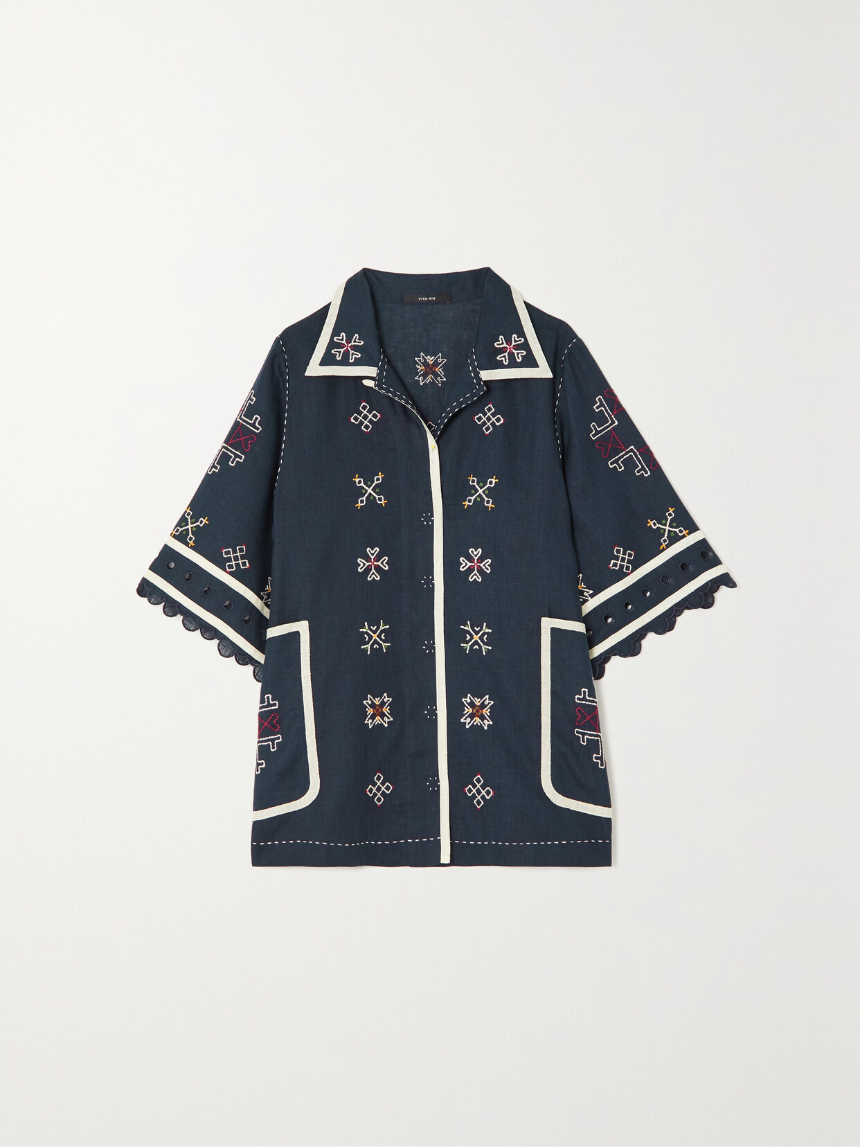 Vita Kin - Greta Broderie Anglaise-trimmed Embroidered Linen Blouse - Navy