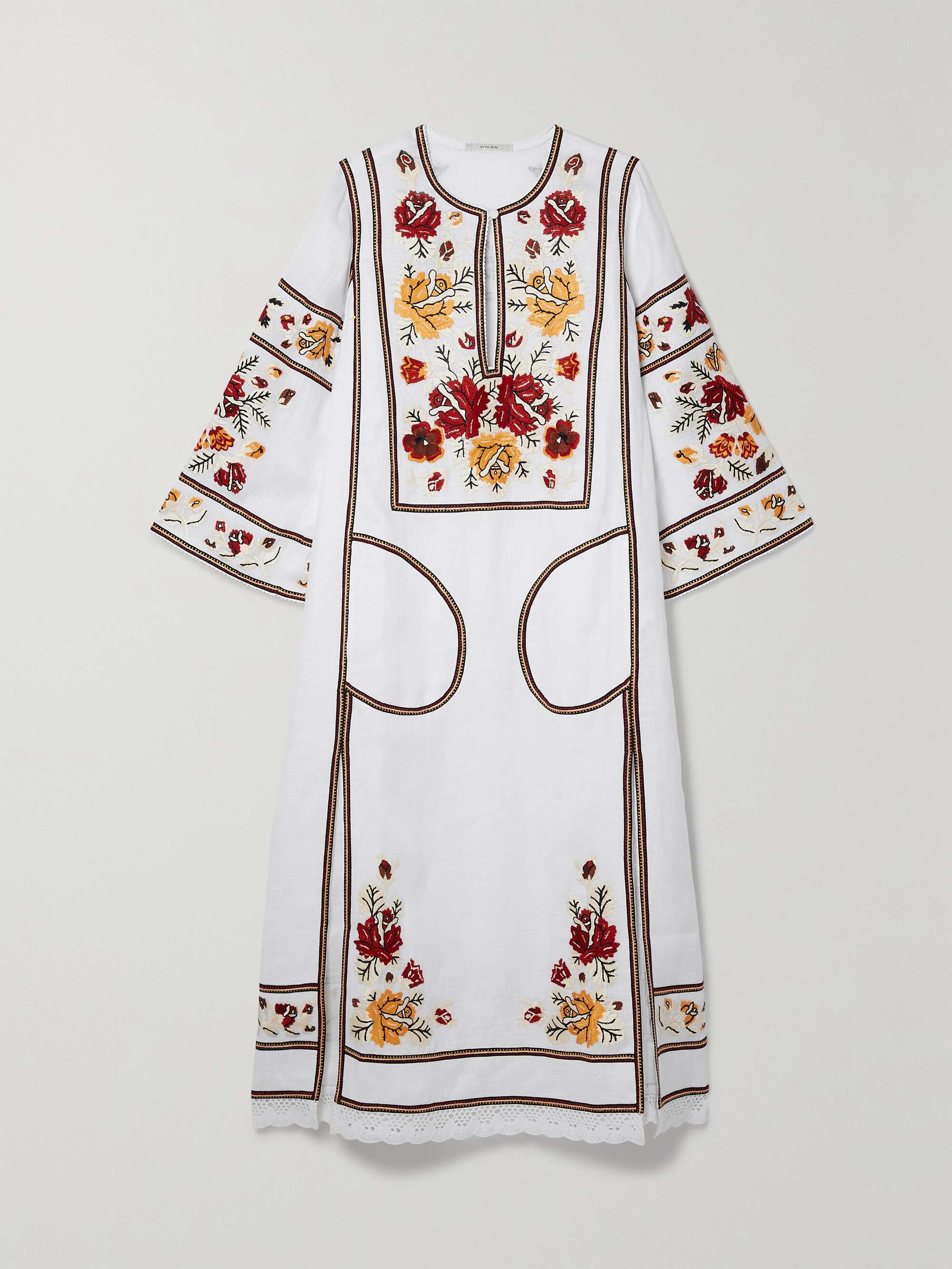 VITA KIN Asya crochet-trimmed embroidered linen-gauze midi dress | NET ...