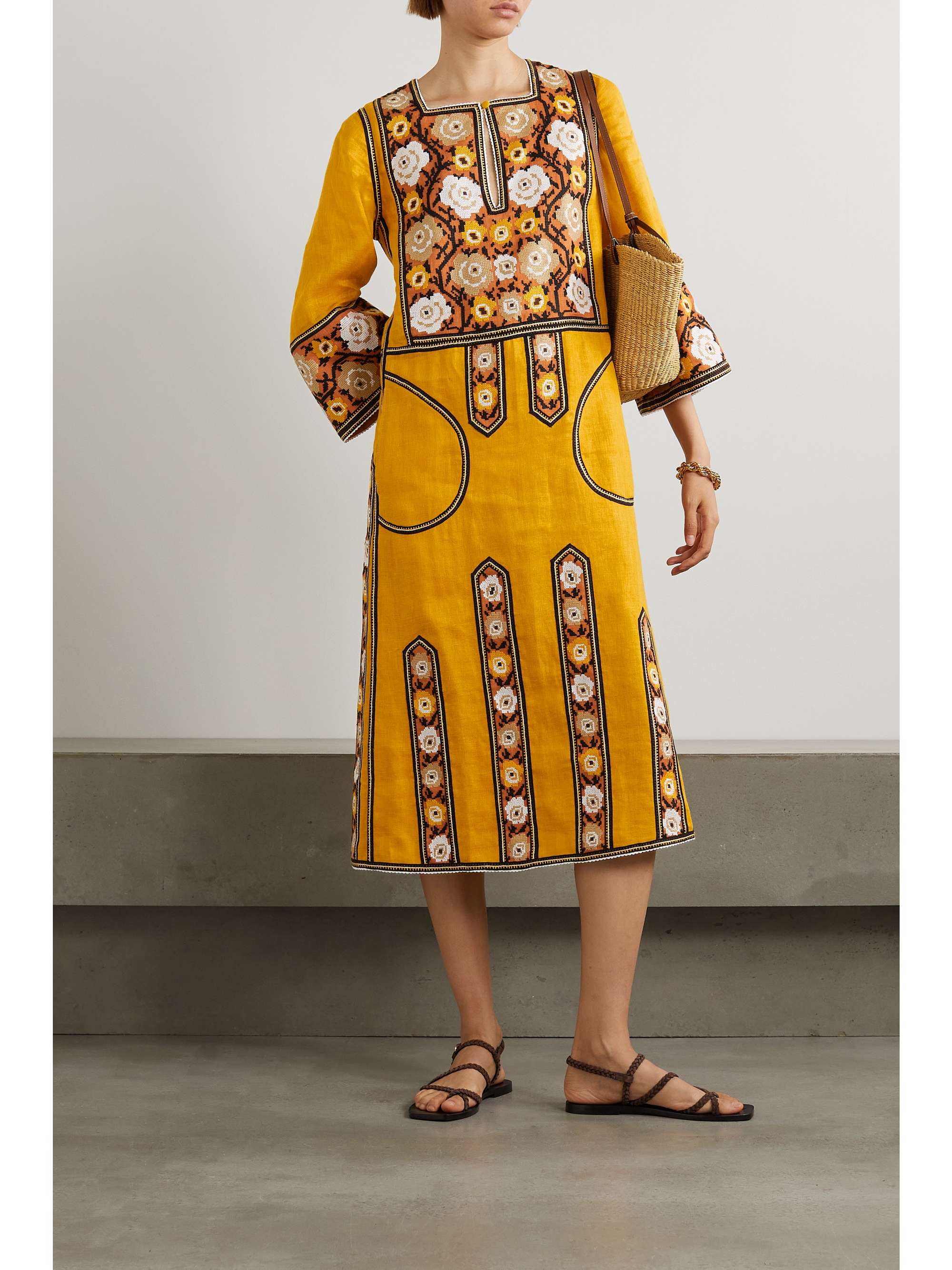 VITA KIN Bulgarian Rose embroidered linen midi dress