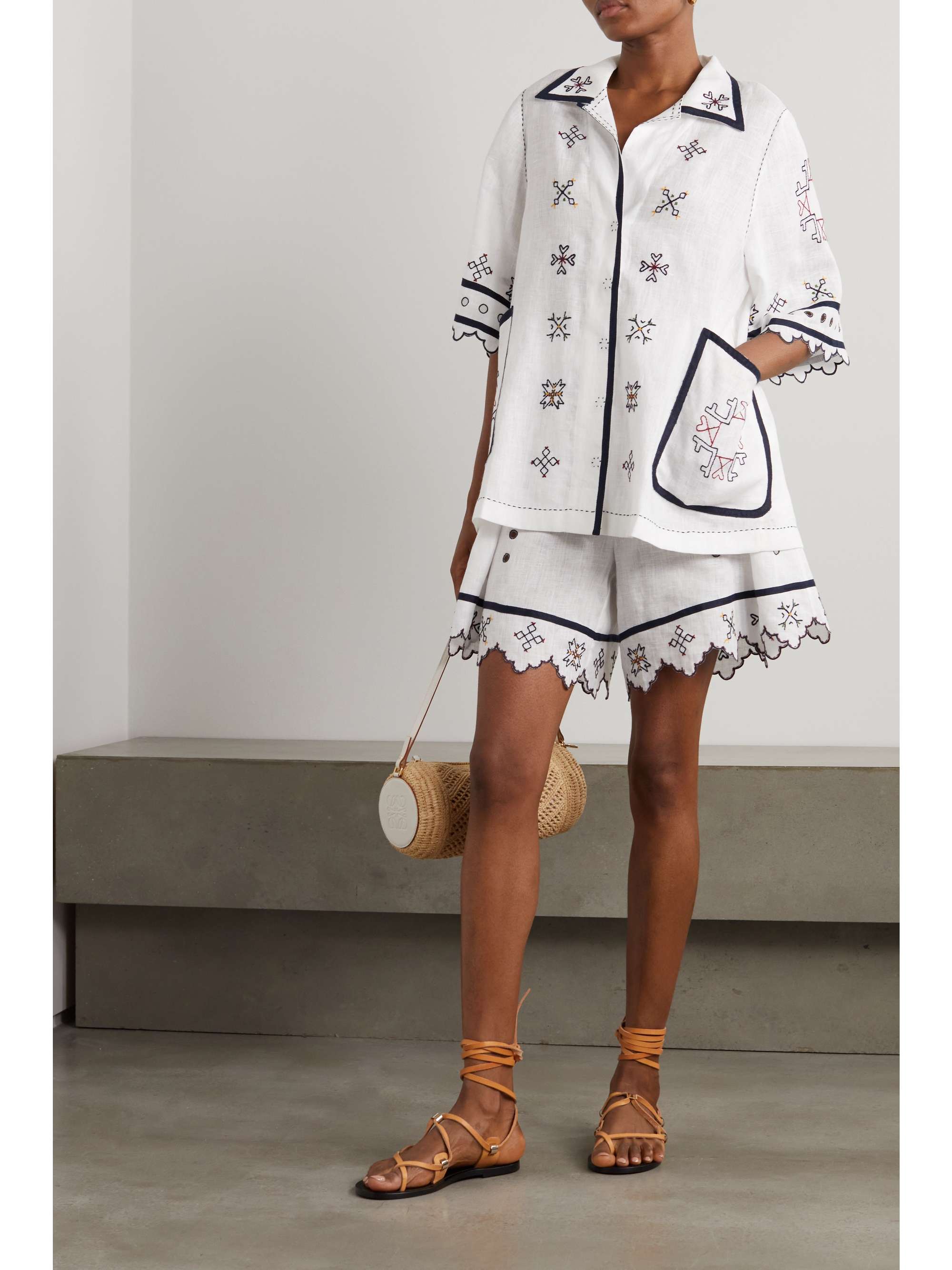 VITA KIN Greta broderie anglaise-trimmed embroidered linen blouse