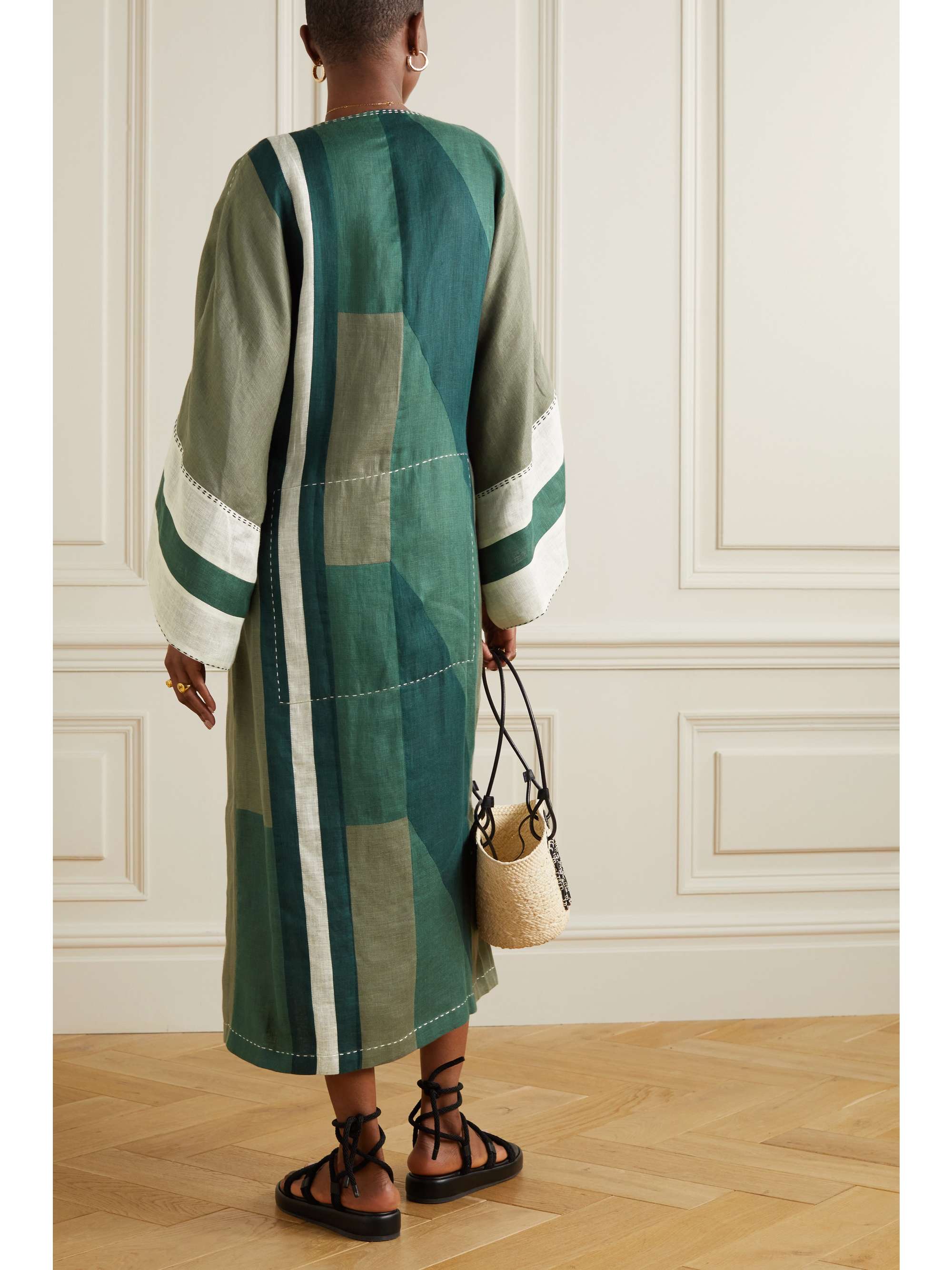 VITA KIN Yoko embroidered color-block linen wrap dress
