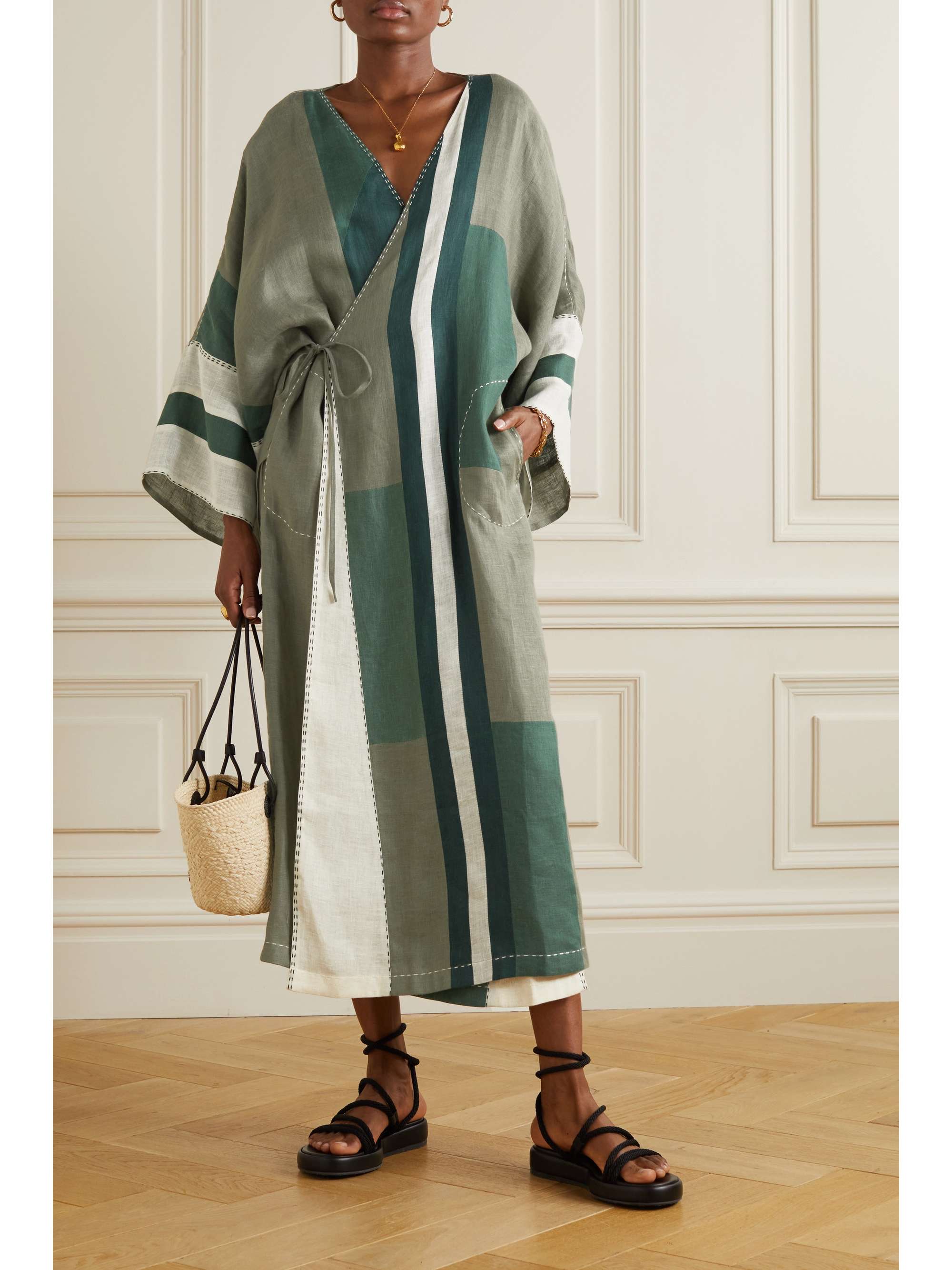 VITA KIN Yoko embroidered color-block linen wrap dress