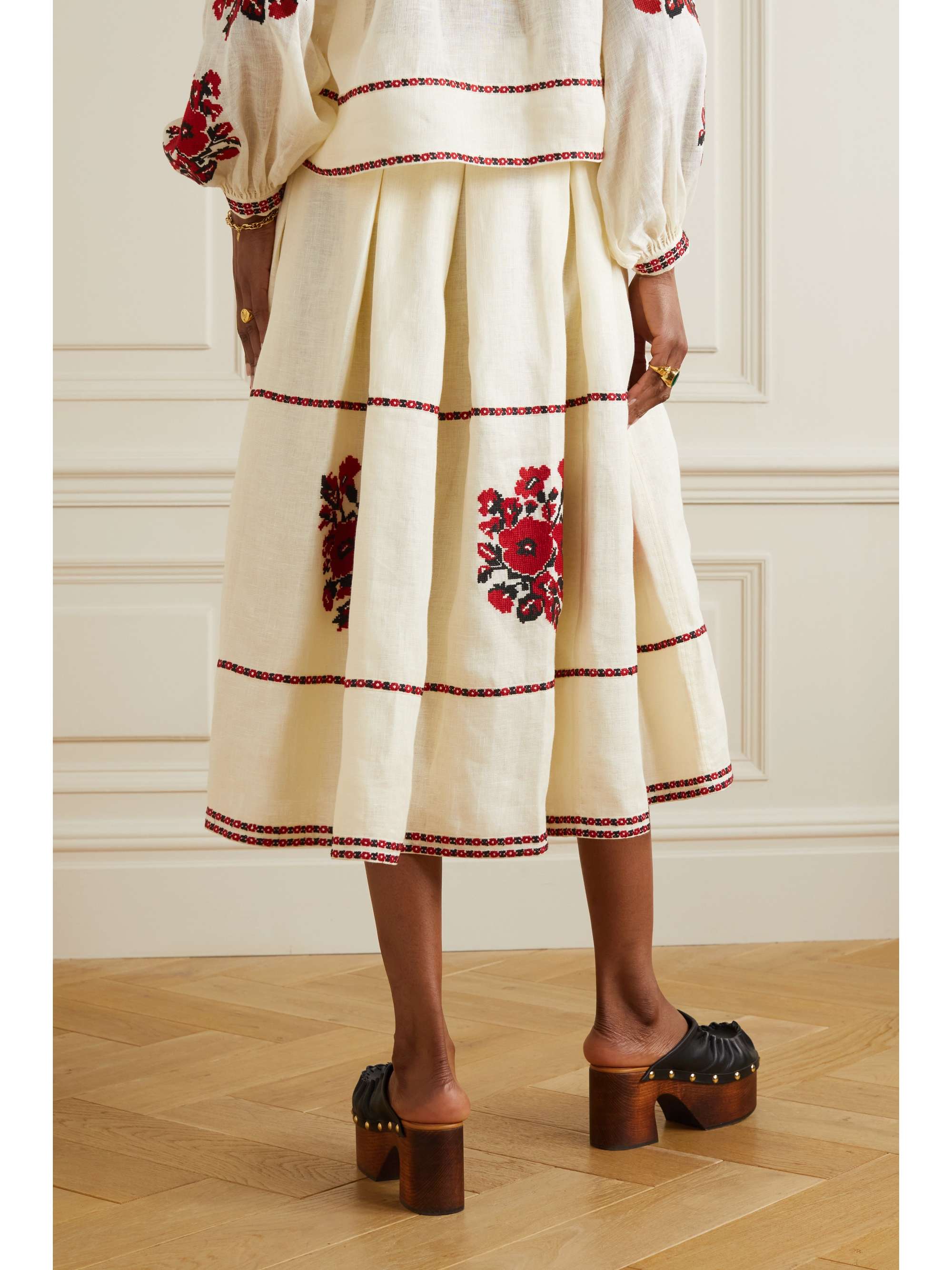 VITA KIN Kristinka embroidered linen midi skirt