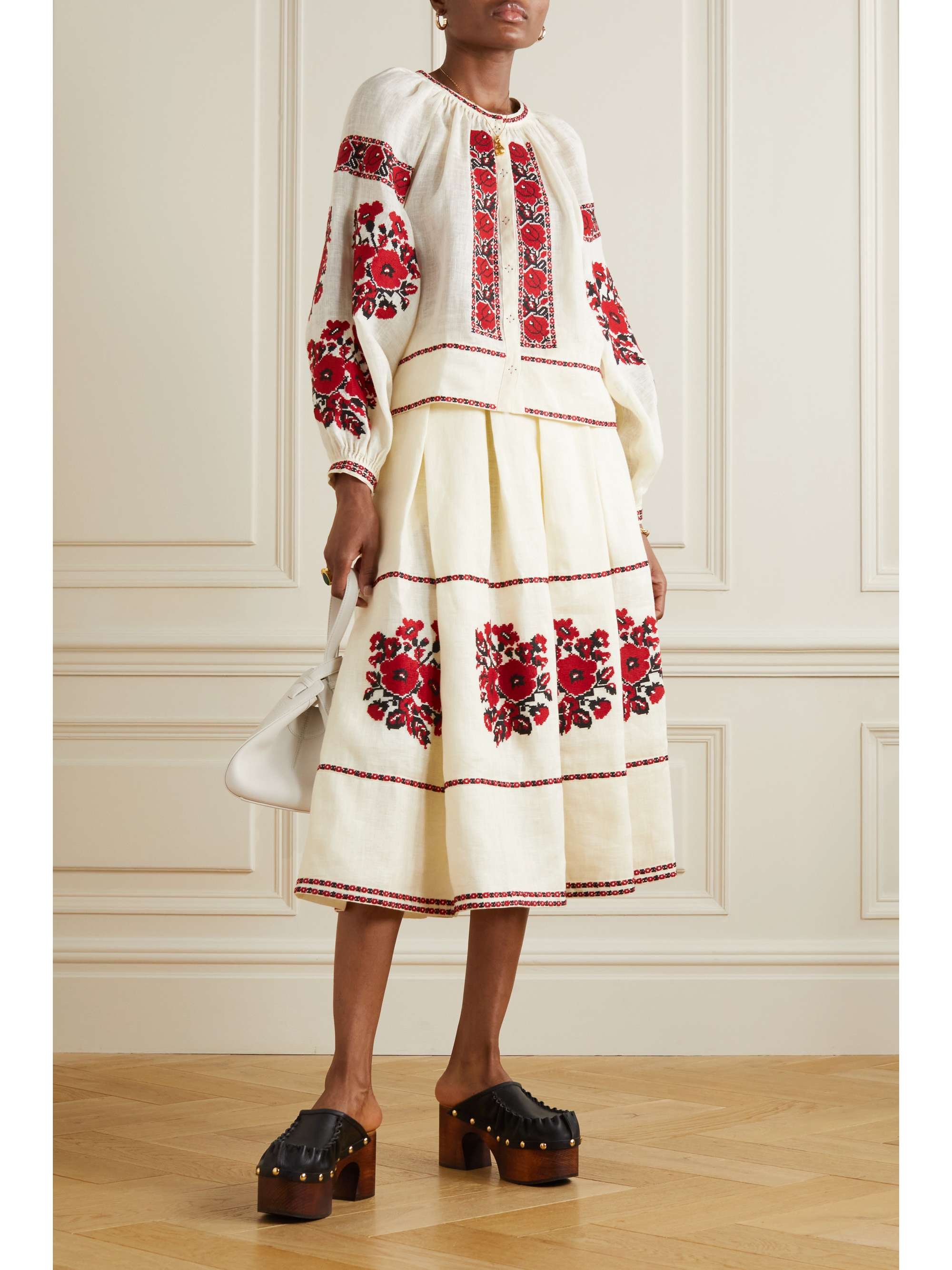 VITA KIN Kristinka embroidered linen midi skirt