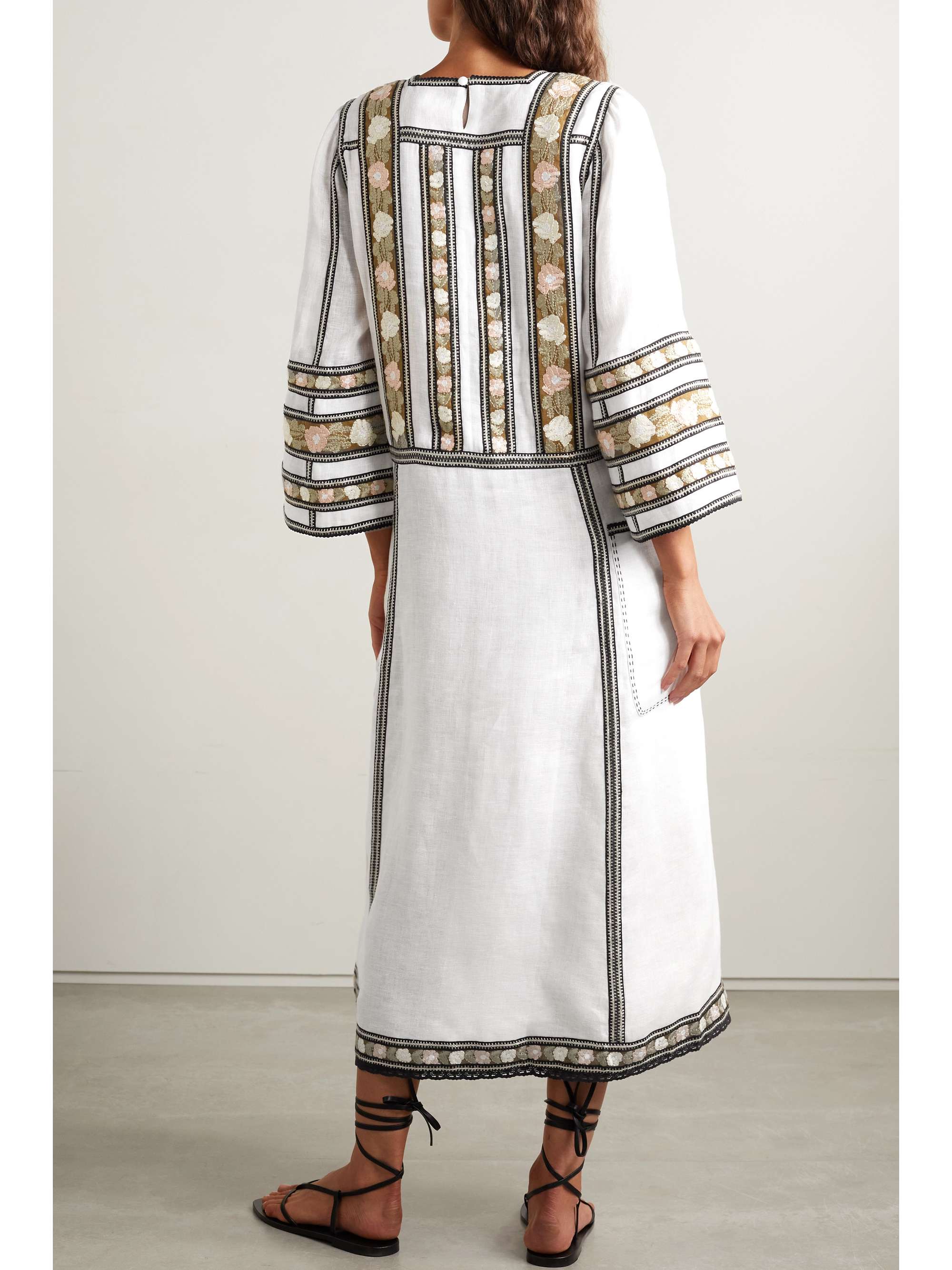 VITA KIN Yelena besticktes Midikleid aus Leinengaze mit Häkelbesätzen