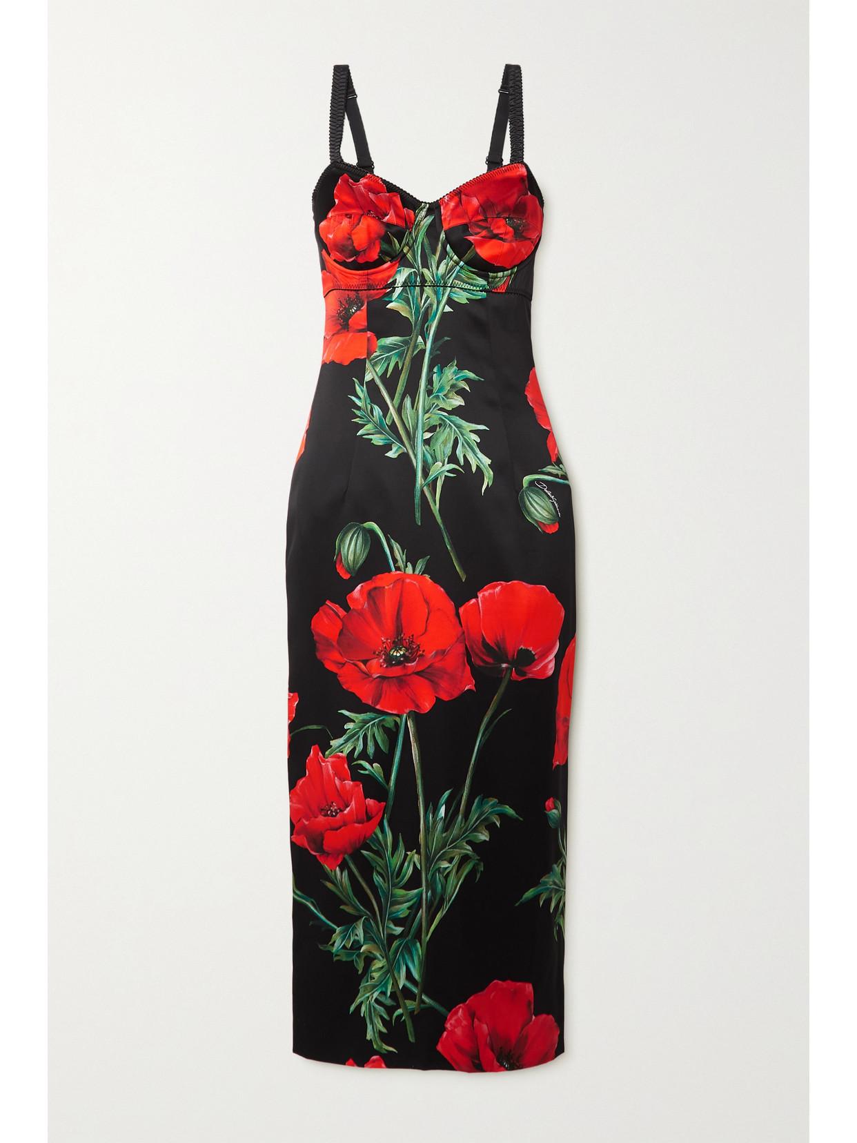 Dolce & Gabbana Floral-print Silk-blend Satin Midi Dress In Black