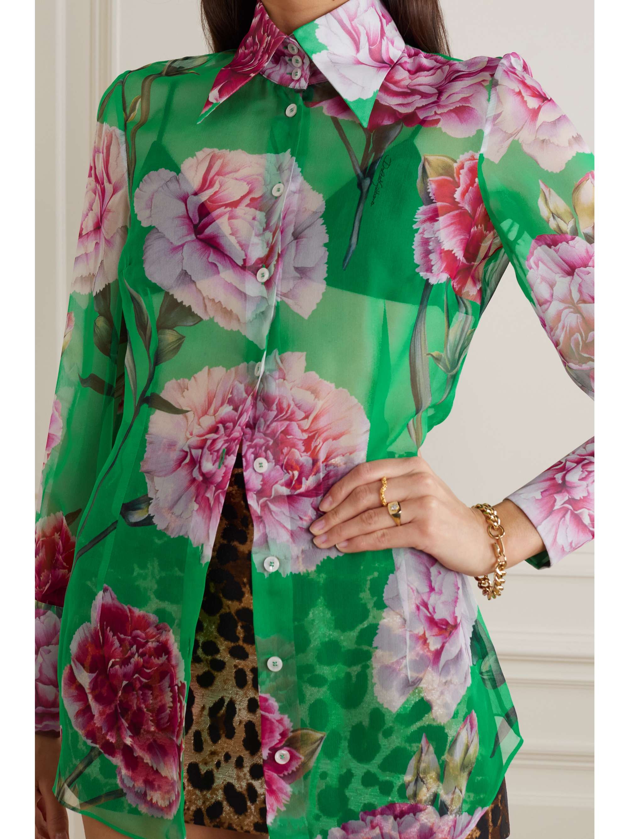 Green Floral-print silk-chiffon shirt 