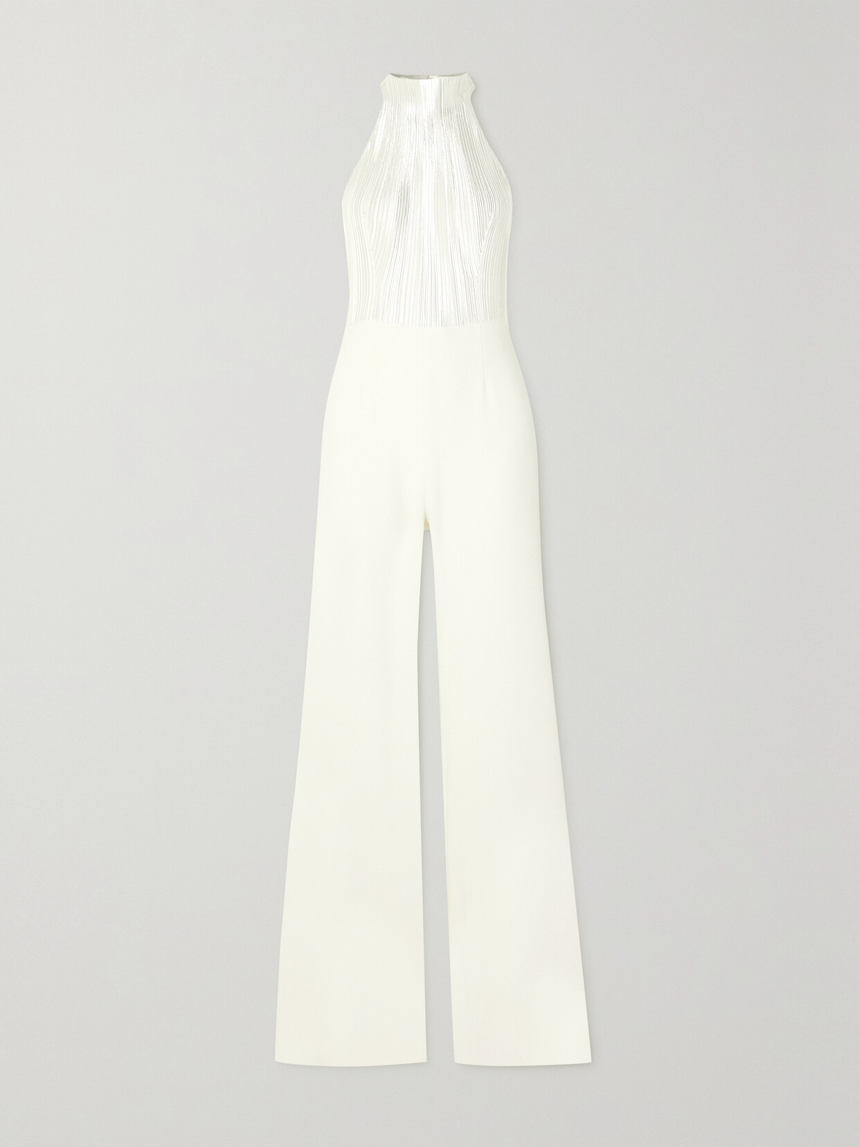 Shop Galvan Panarea Plissé-lamé And Crepe Halterneck Jumpsuit In White