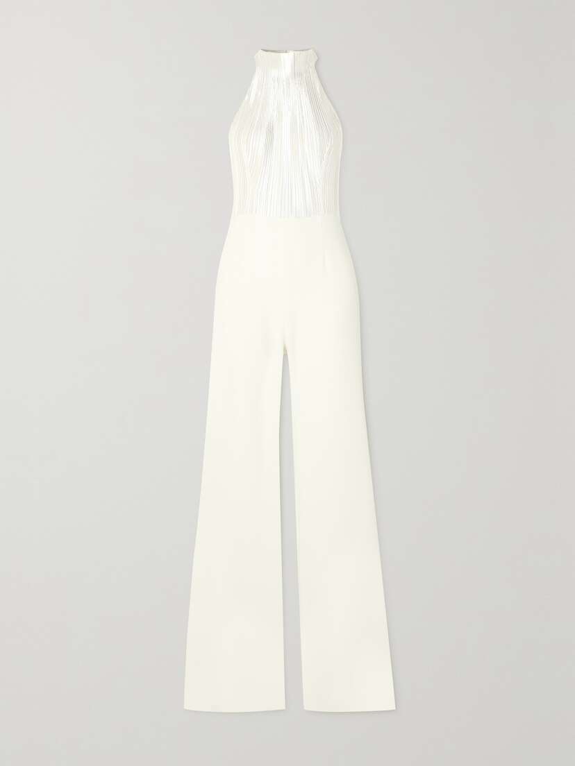 Galvan Panarea Plissé-lamé And Crepe Halterneck Jumpsuit