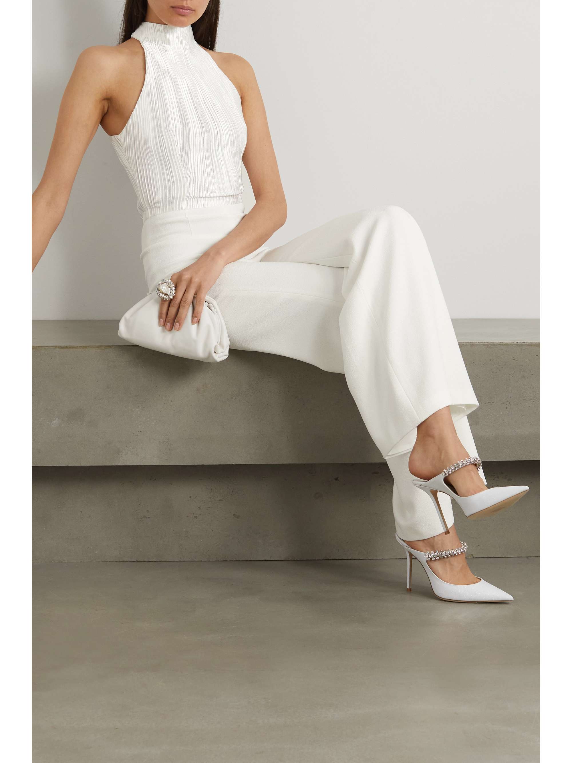 White Panarea plisse lame and crepe halterneck jumpsuit GALVAN NET A PORTER