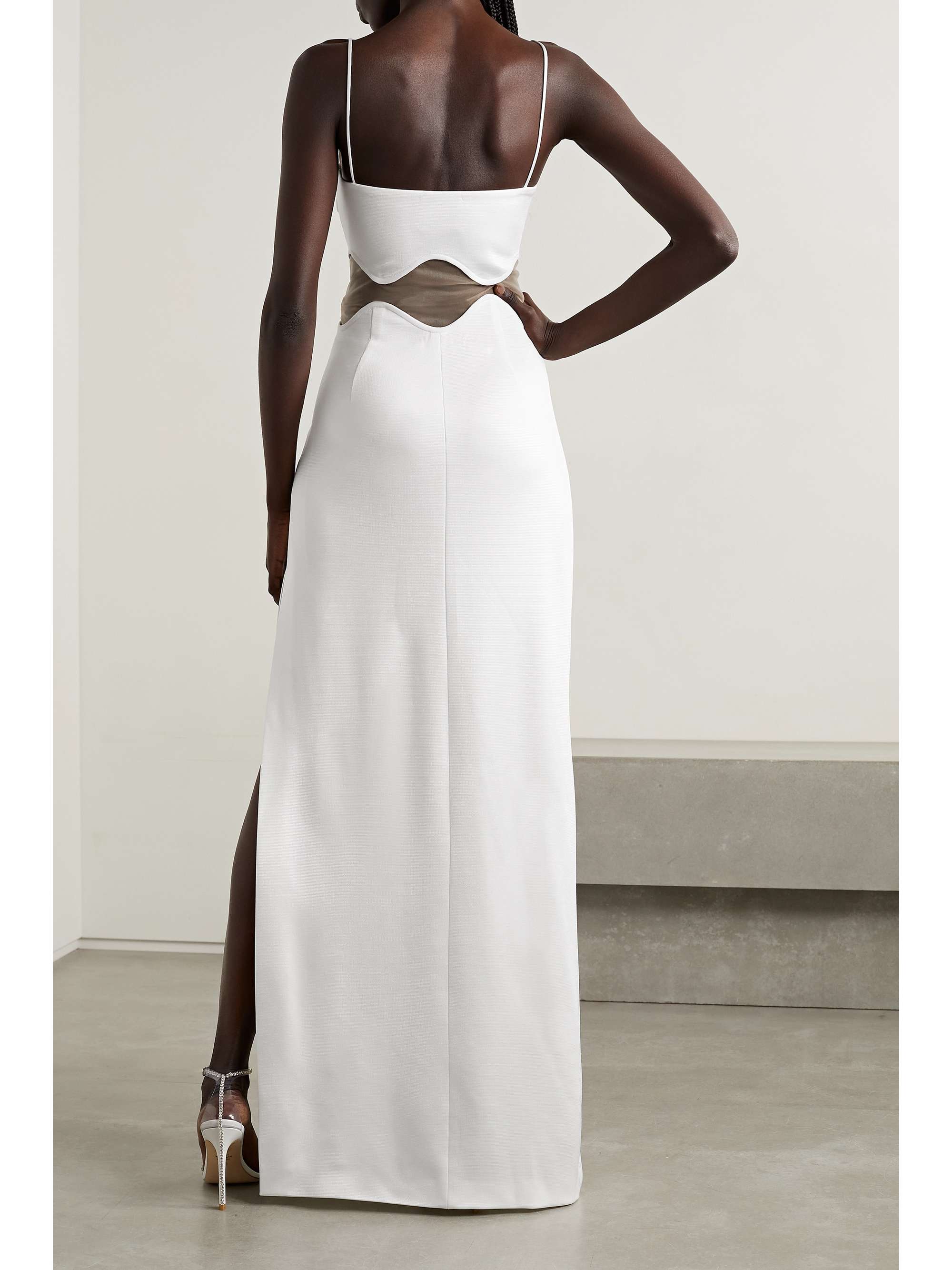 GALVAN Isola Bella mesh-paneled knitted maxi dress