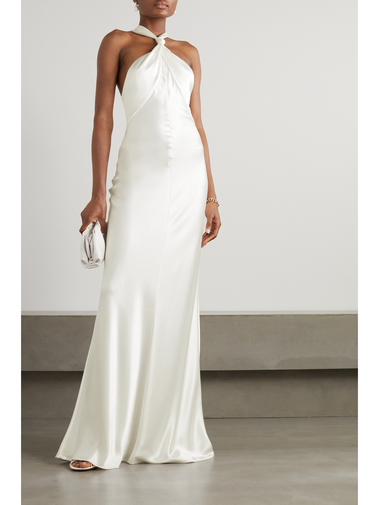 Shop Galvan Santorini Twisted Halterneck Silk-satin Gown In White