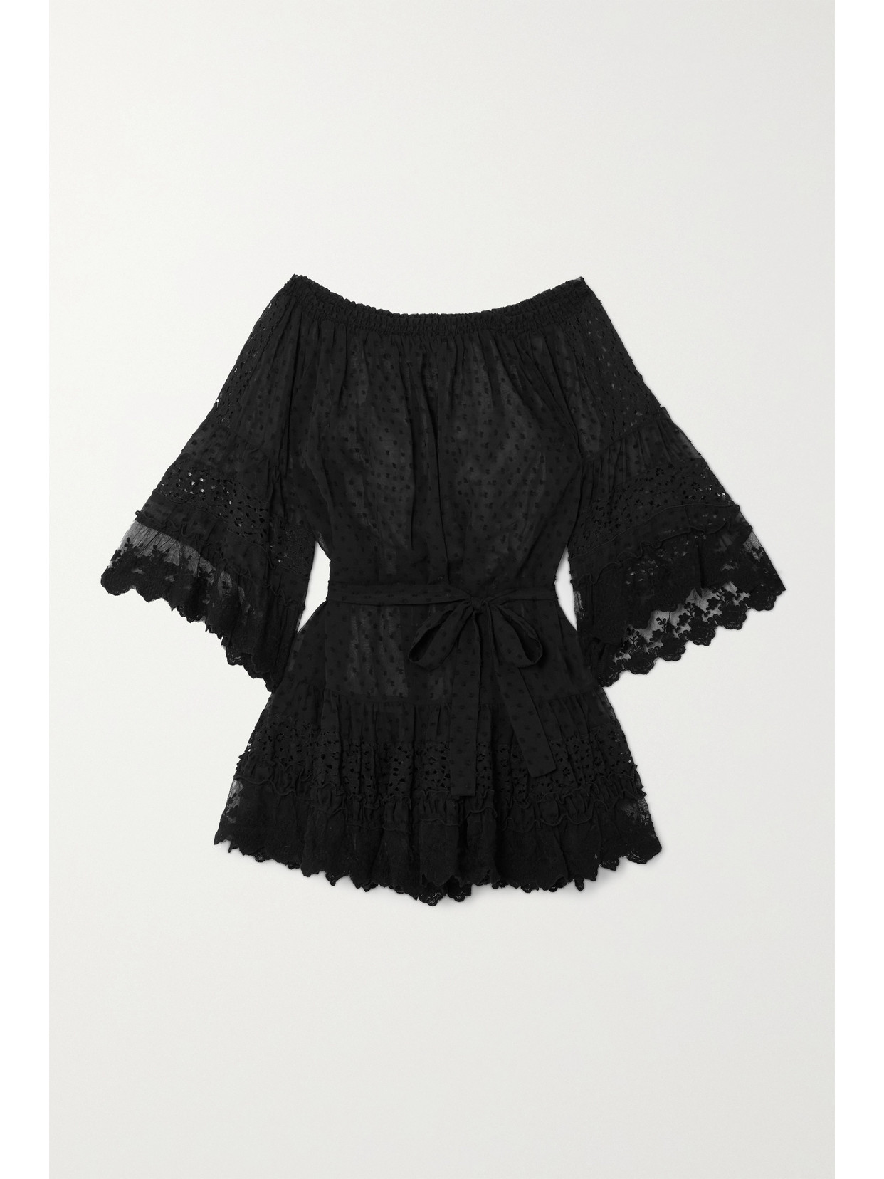 Melissa Odabash Alice Off-the-shoulder Lace-trimmed Fil Coupé Georgette Mini Dress In Black