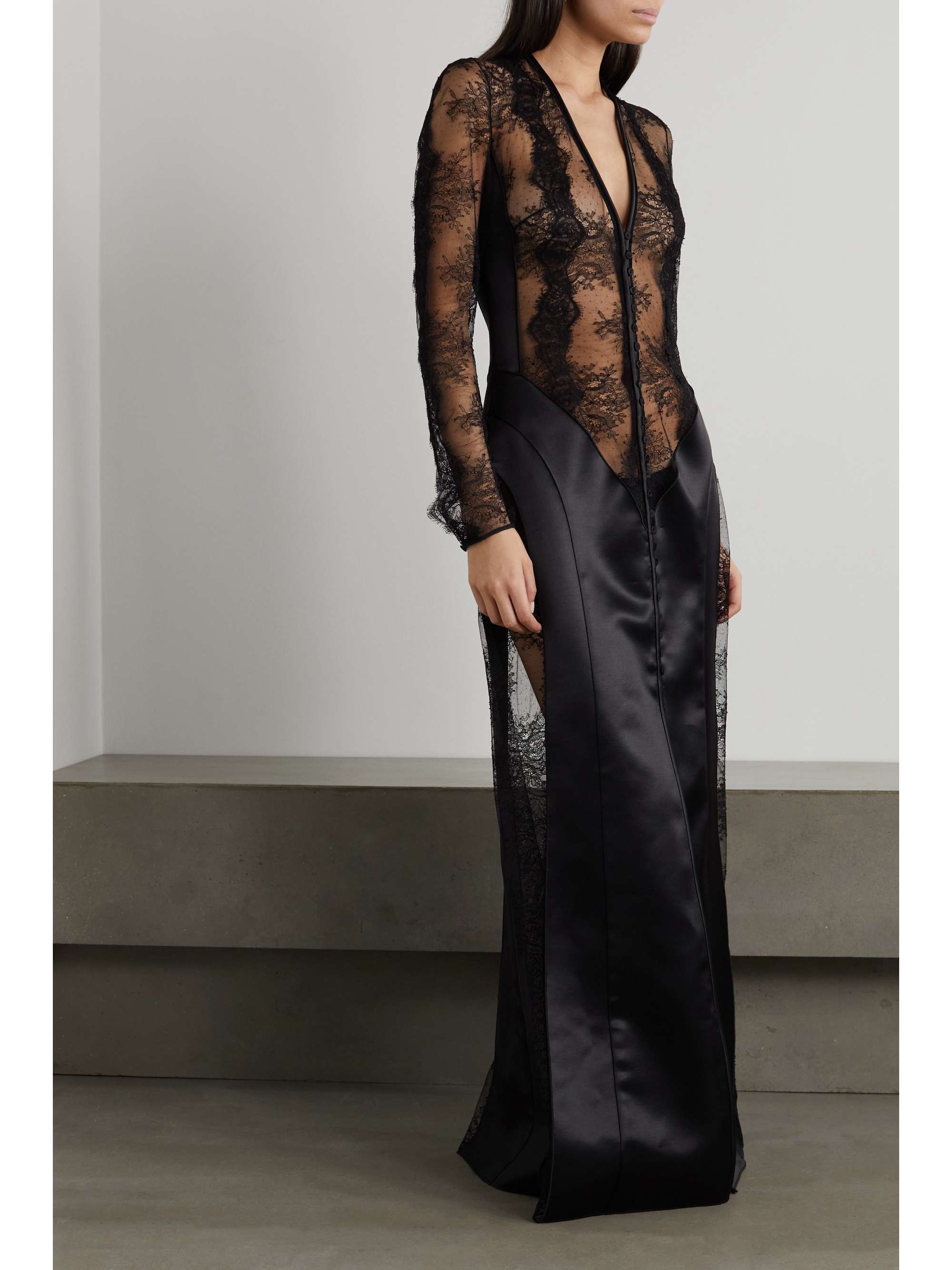 GABRIELA HEARST Yernard paneled wool and silk-blend satin and lace maxi dress