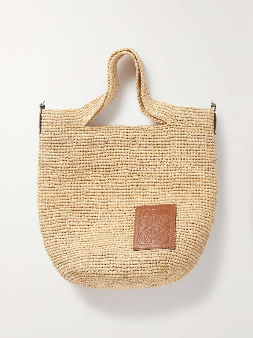 Loewe + Paula's Ibiza Slit Mini Leather-trimmed Raffia Tote