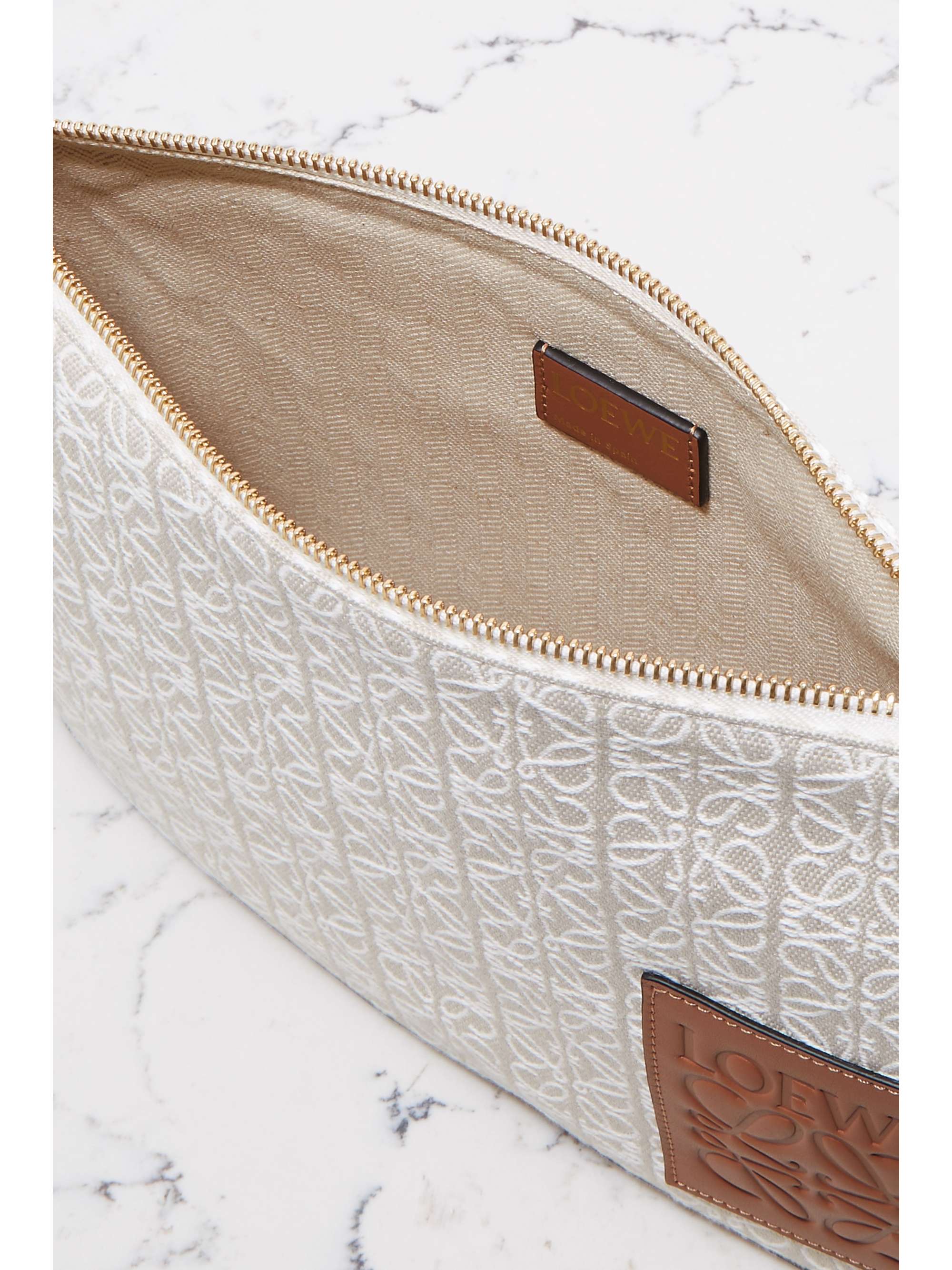 LOEWE + Paula's Ibiza leather-trimmed canvas-jacquard pouch
